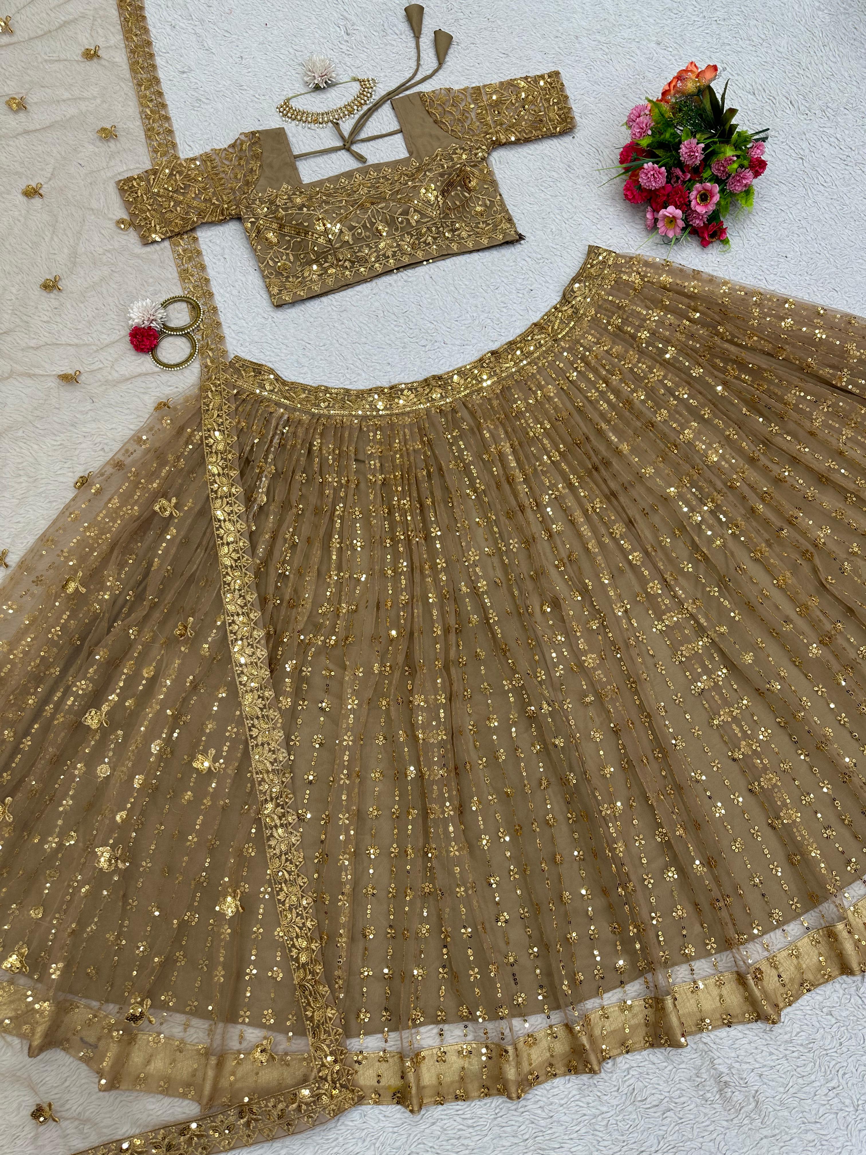 Admiring Beige Color Work Butterfly Net Lehenga Choli