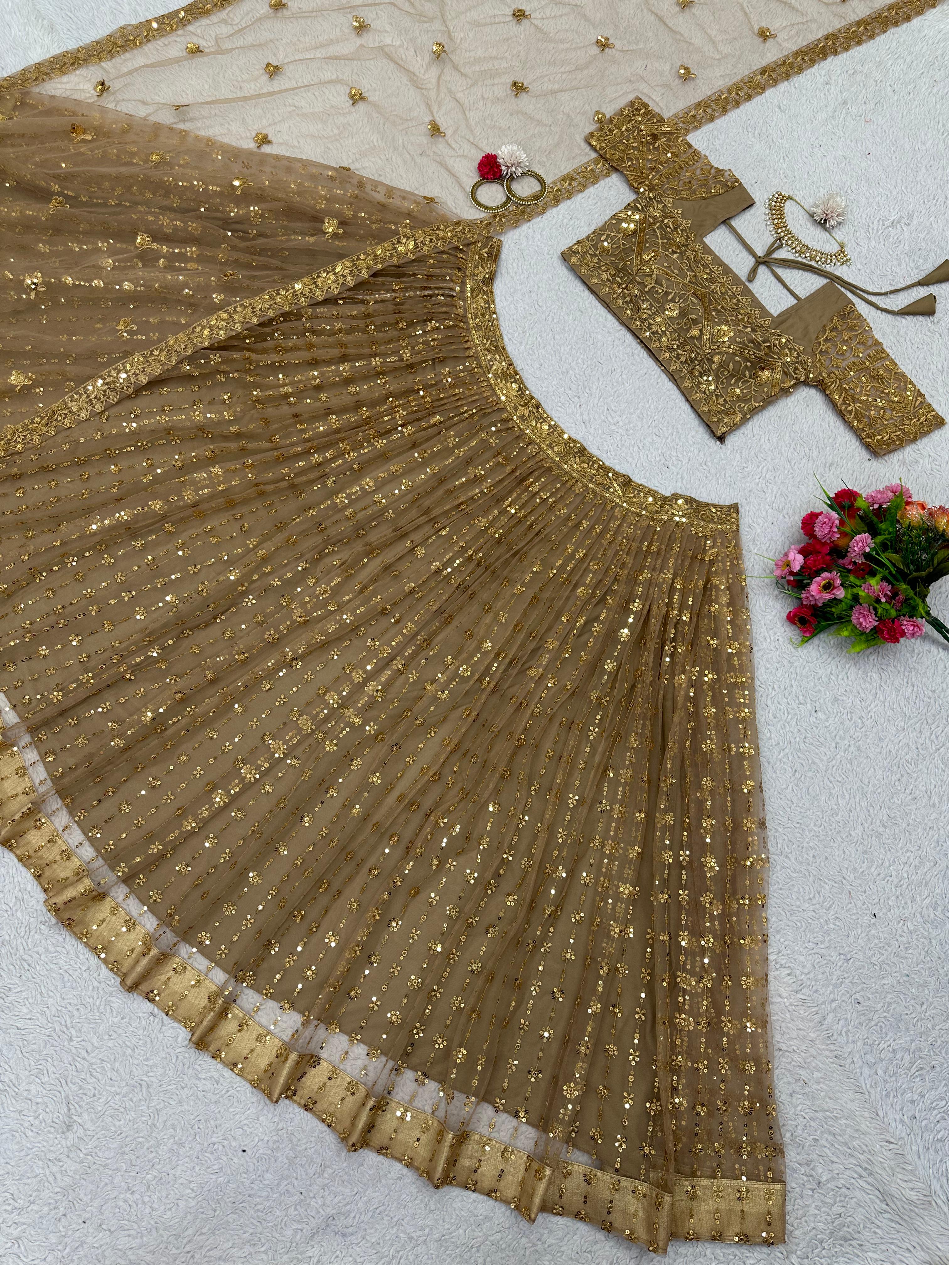 Admiring Beige Color Work Butterfly Net Lehenga Choli