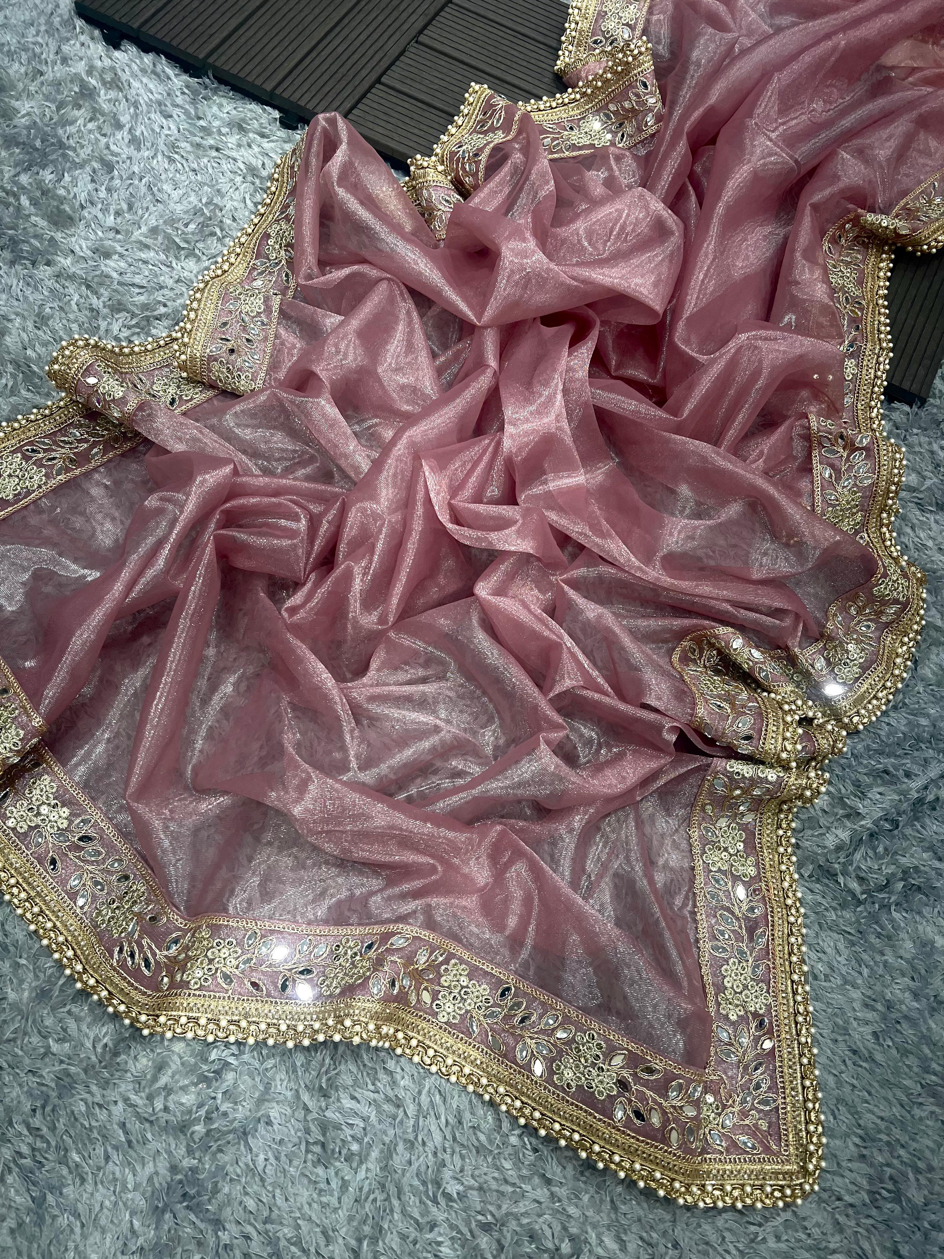 Pretty Dusty Pink Embroidery Work Lace Border Saree