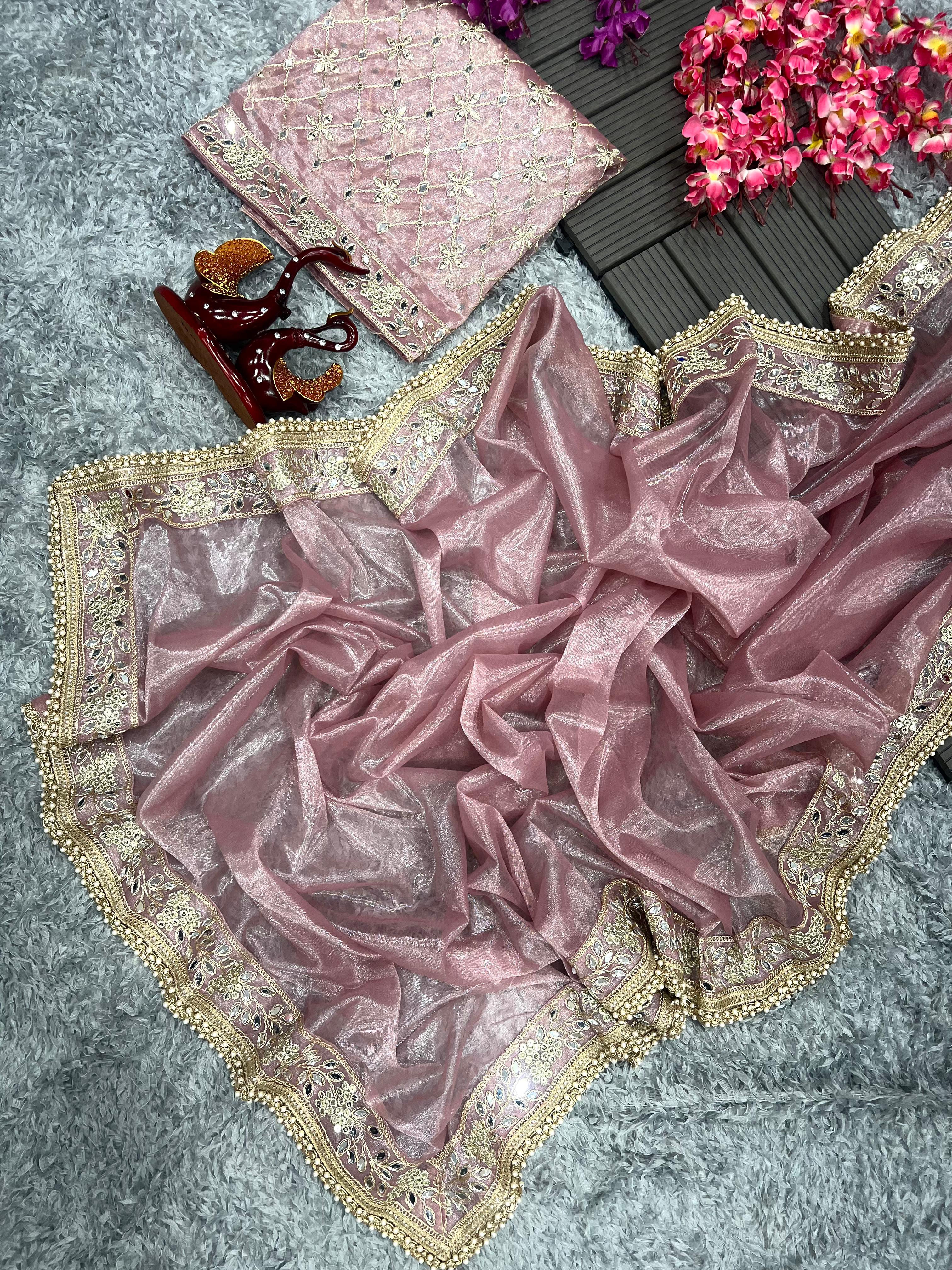 Pretty Dusty Pink Embroidery Work Lace Border Saree