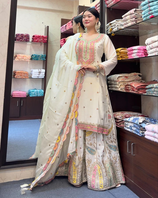 Embroidery Sequence Work White Color Sharara Suit