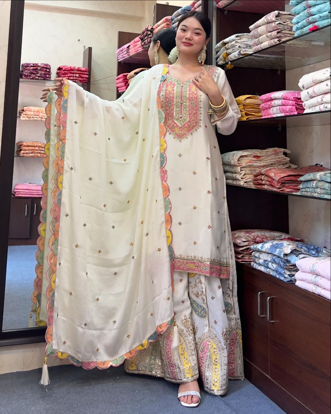 Embroidery Sequence Work White Color Sharara Suit