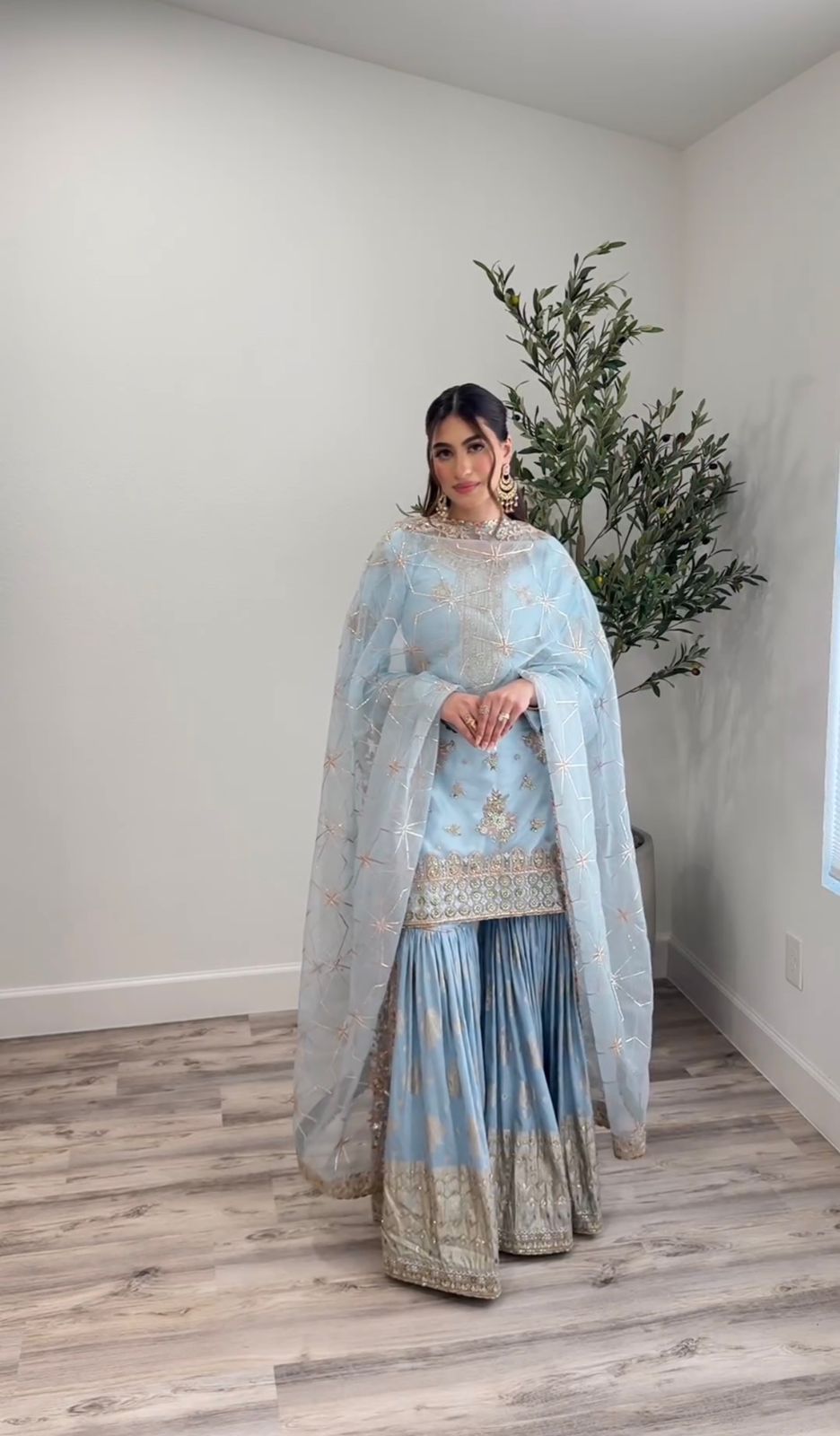 Embroidery Sequence Work Sky Blue Sharara Suit