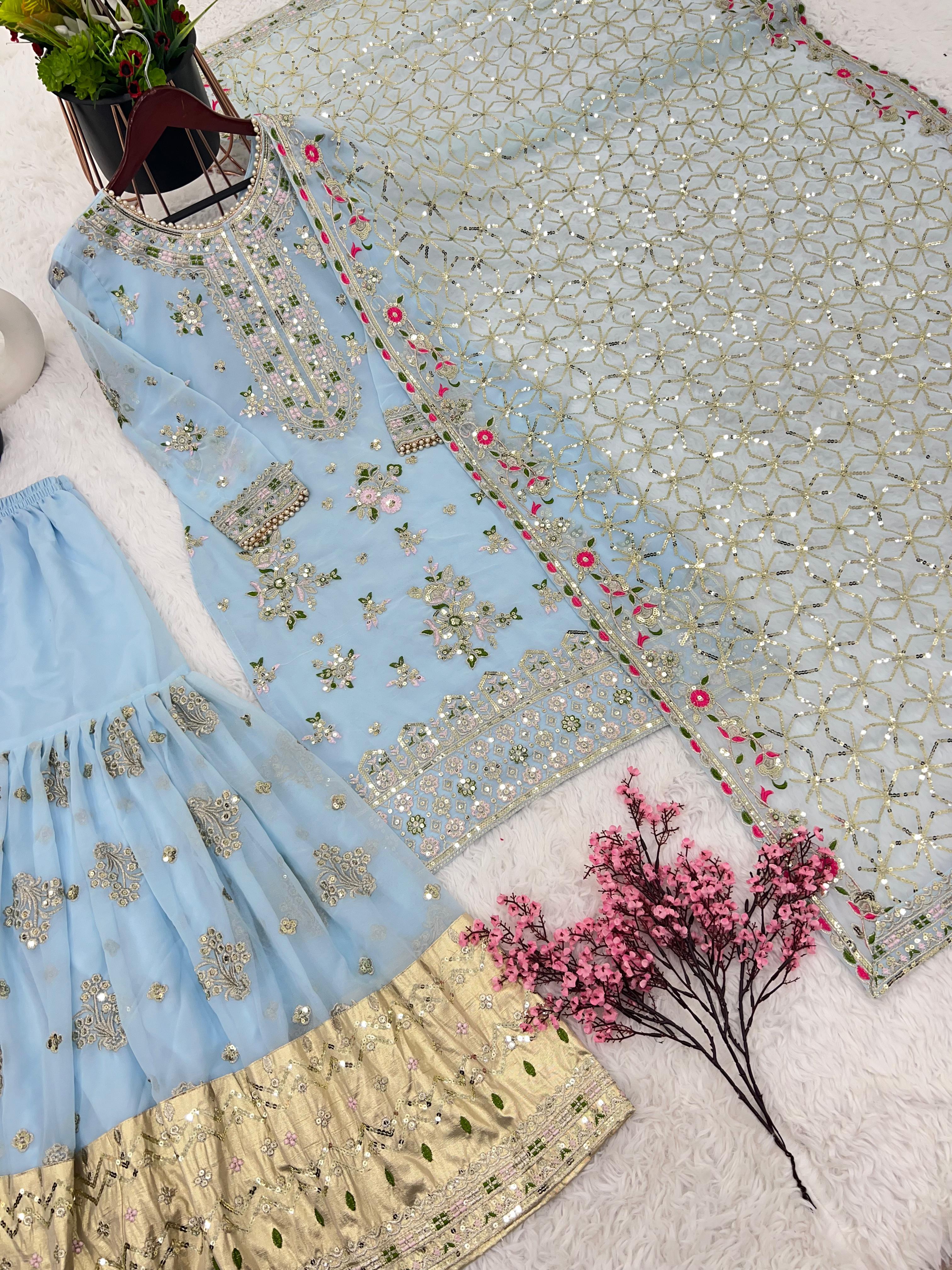 Embroidery Sequence Work Sky Blue Sharara Suit