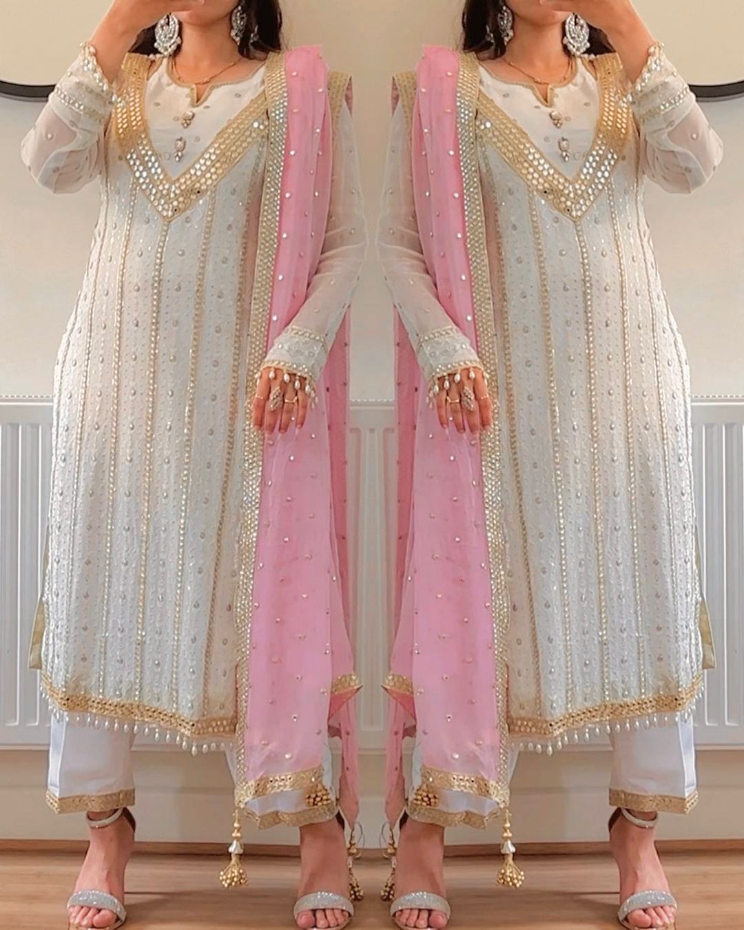 Terrific Embroidered White Salwar Suit With Pink Dupatta