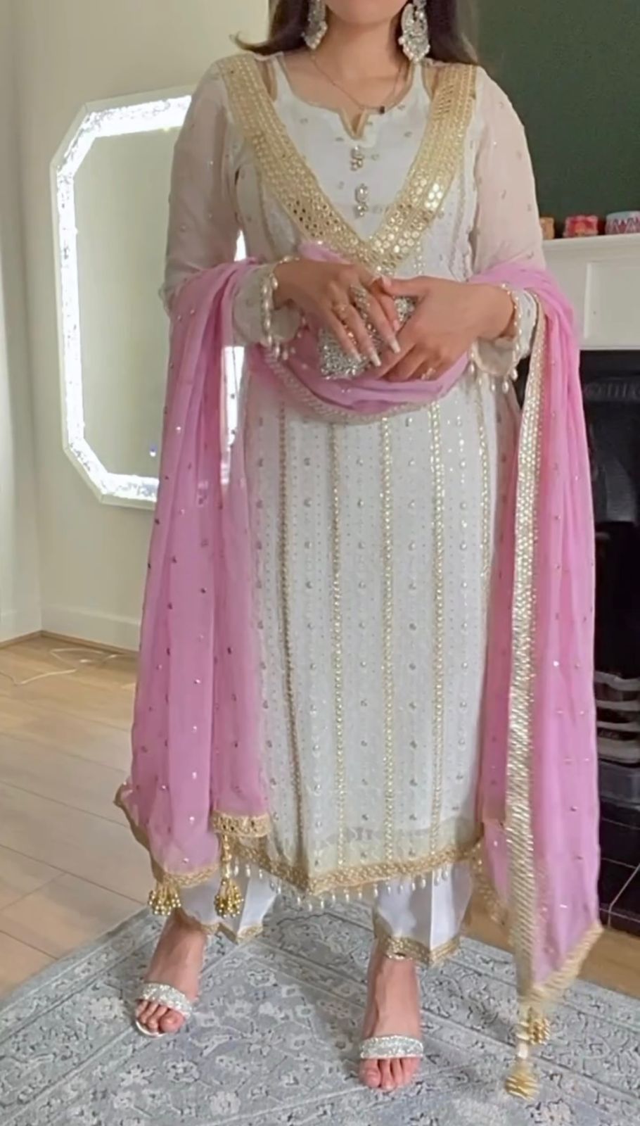 Terrific Embroidered White Salwar Suit With Pink Dupatta