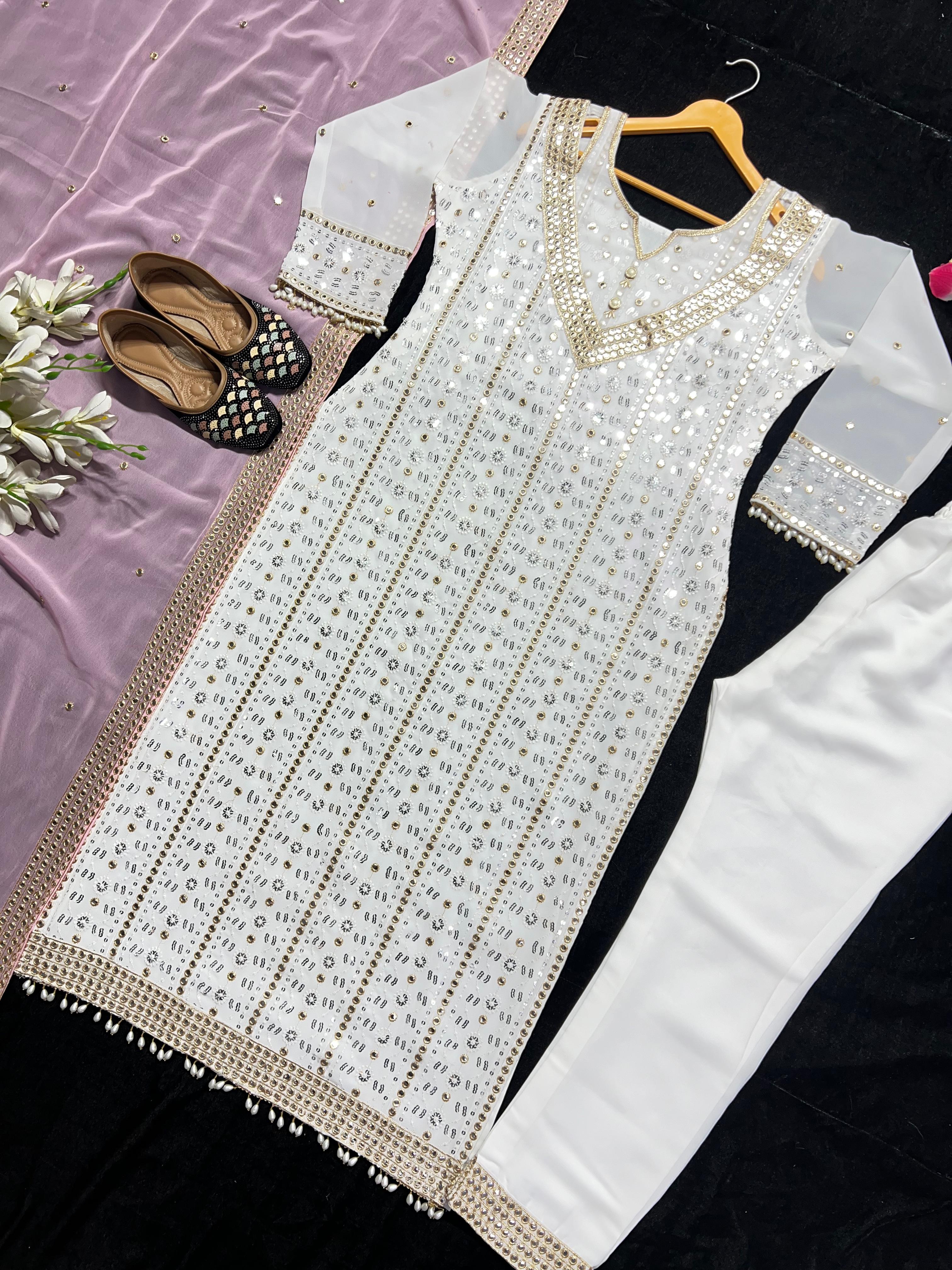 Terrific Embroidered White Salwar Suit With Pink Dupatta