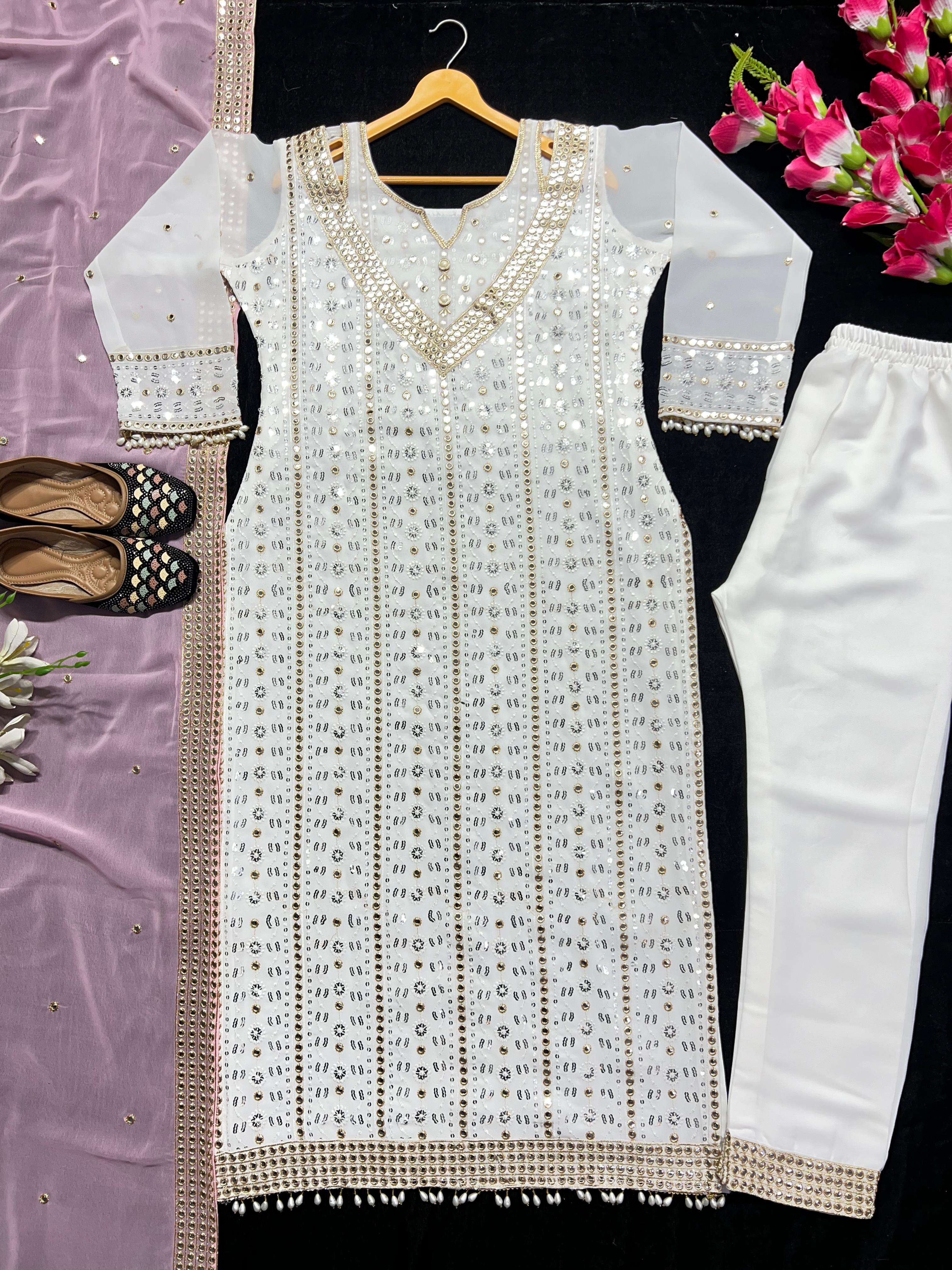 Terrific Embroidered White Salwar Suit With Pink Dupatta