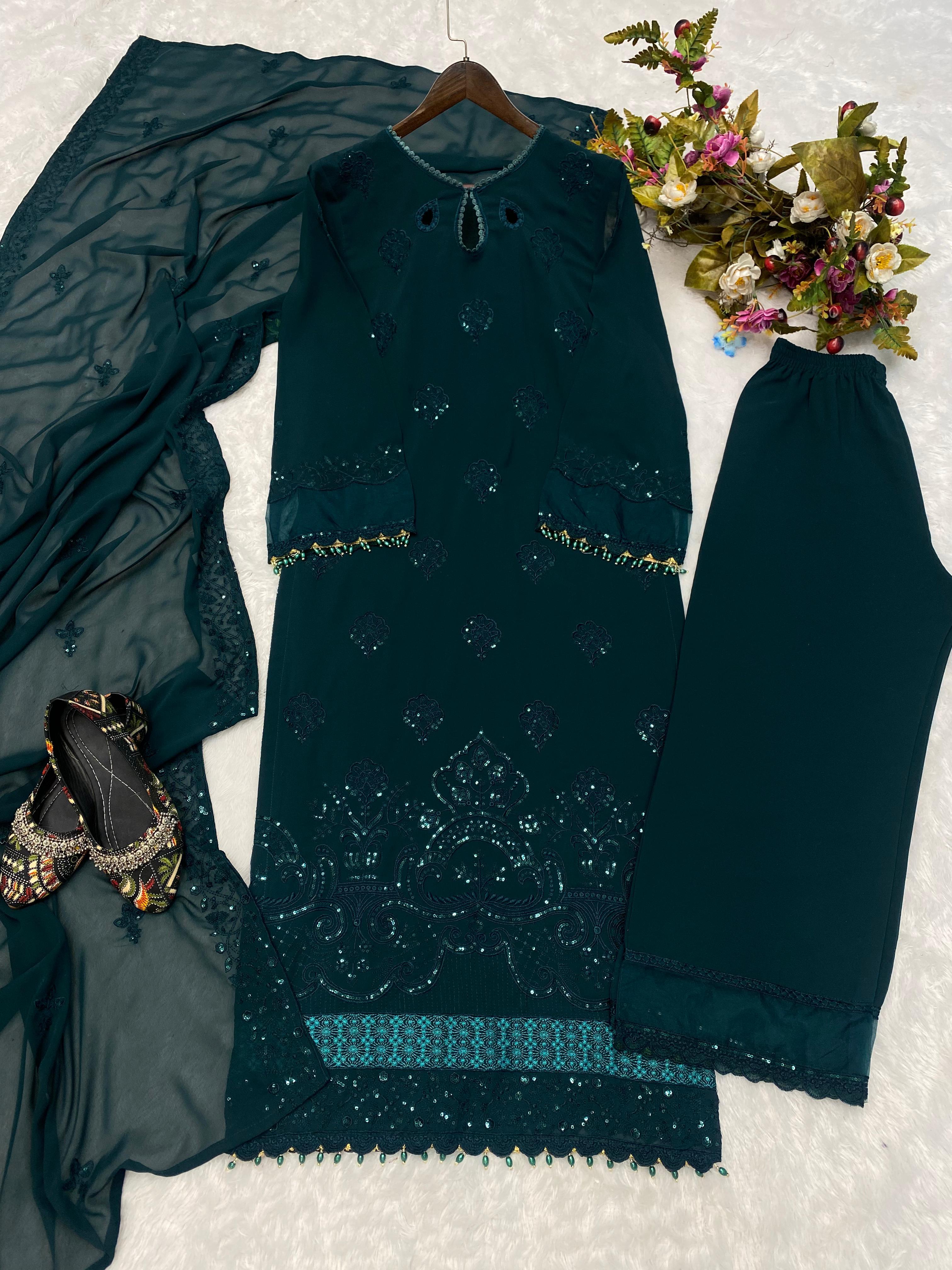 Teal Blue Color Work Kurti Pant With Dupatta