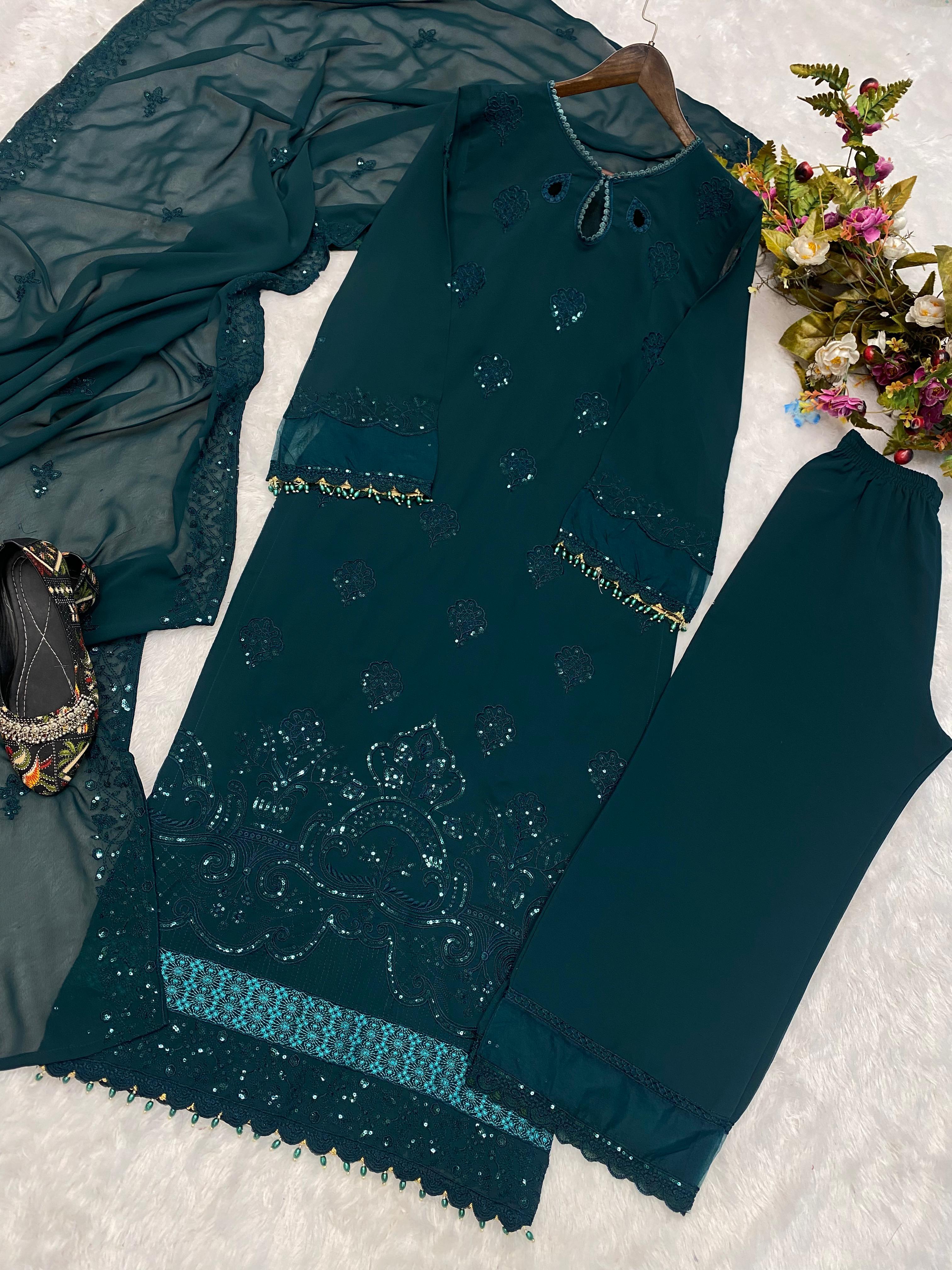 Teal Blue Color Work Kurti Pant With Dupatta