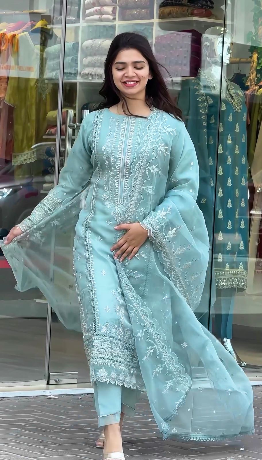 Eyes Catching Organza Sky Blue Color Salwar Suit