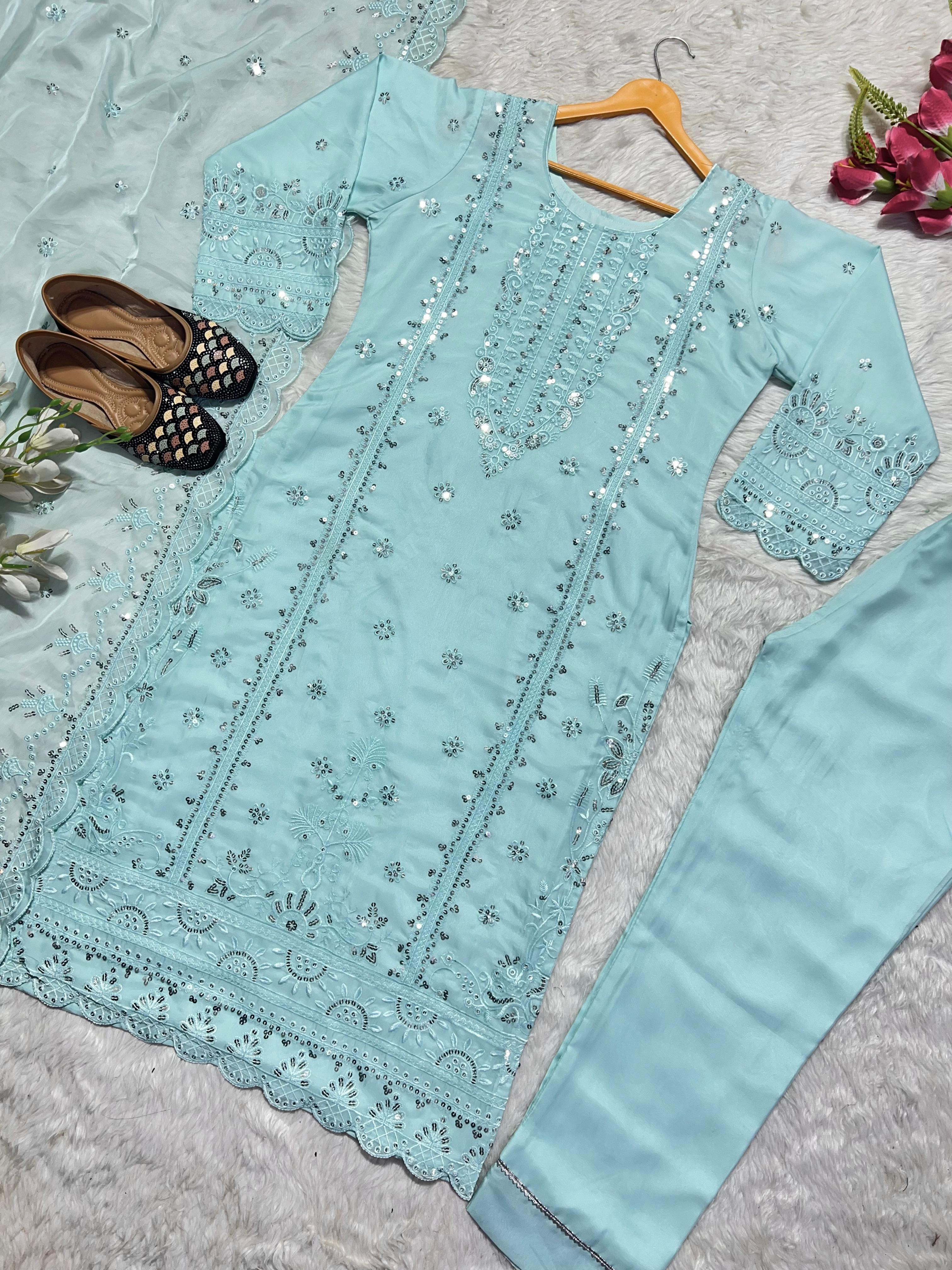 Eyes Catching Organza Sky Blue Color Salwar Suit