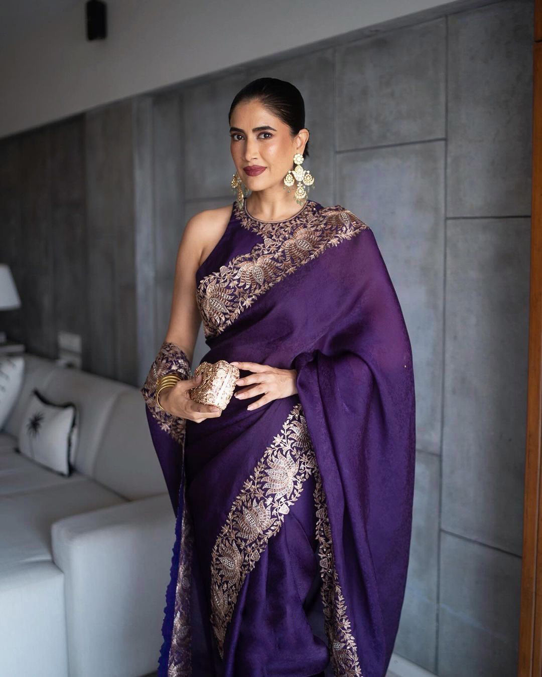 Stunning Embroidery Lace Border Work Purple Saree