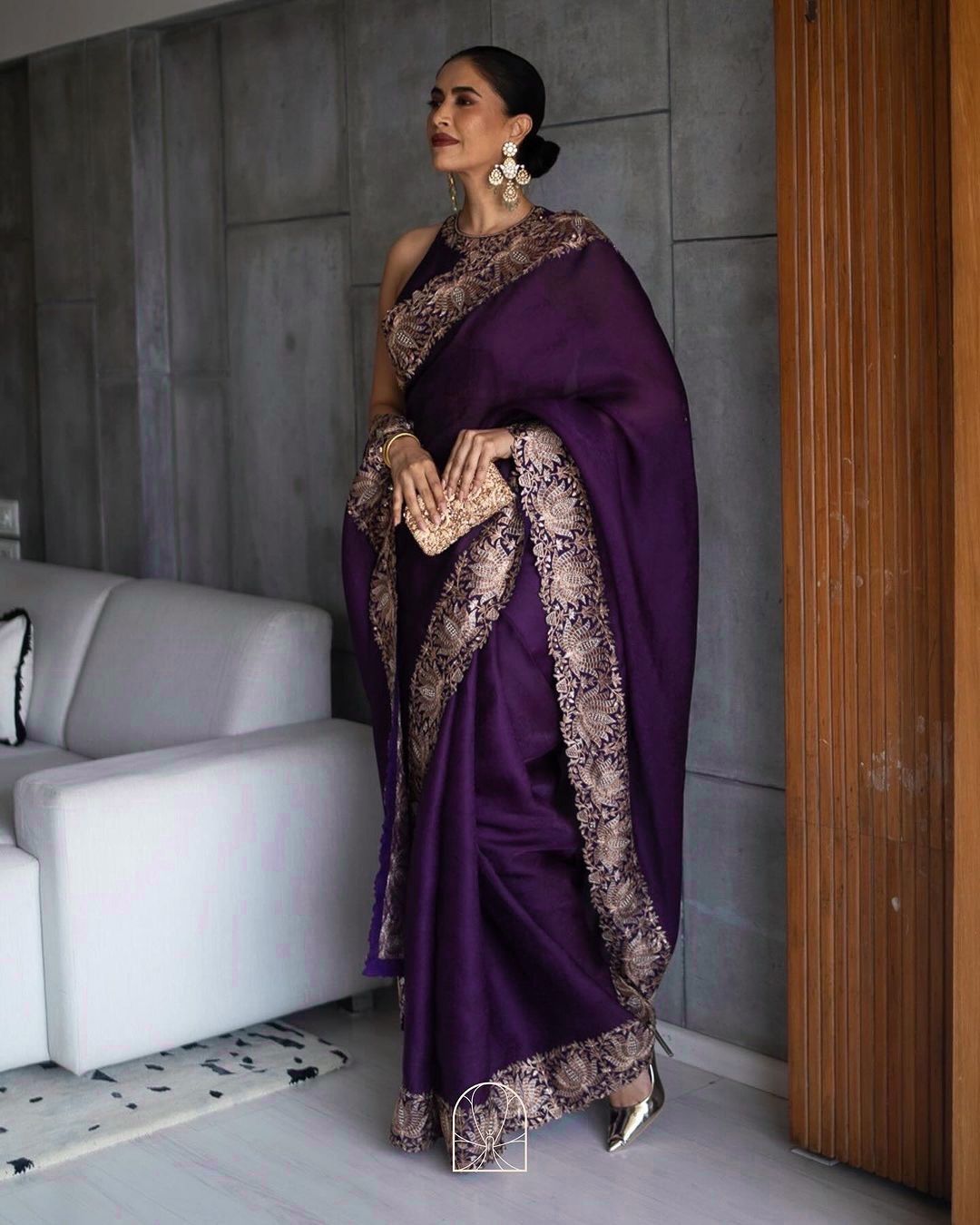 Stunning Embroidery Lace Border Work Purple Saree