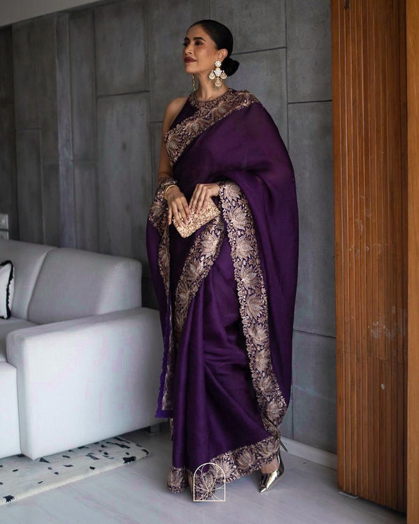 Stunning Embroidery Lace Border Work Purple Saree