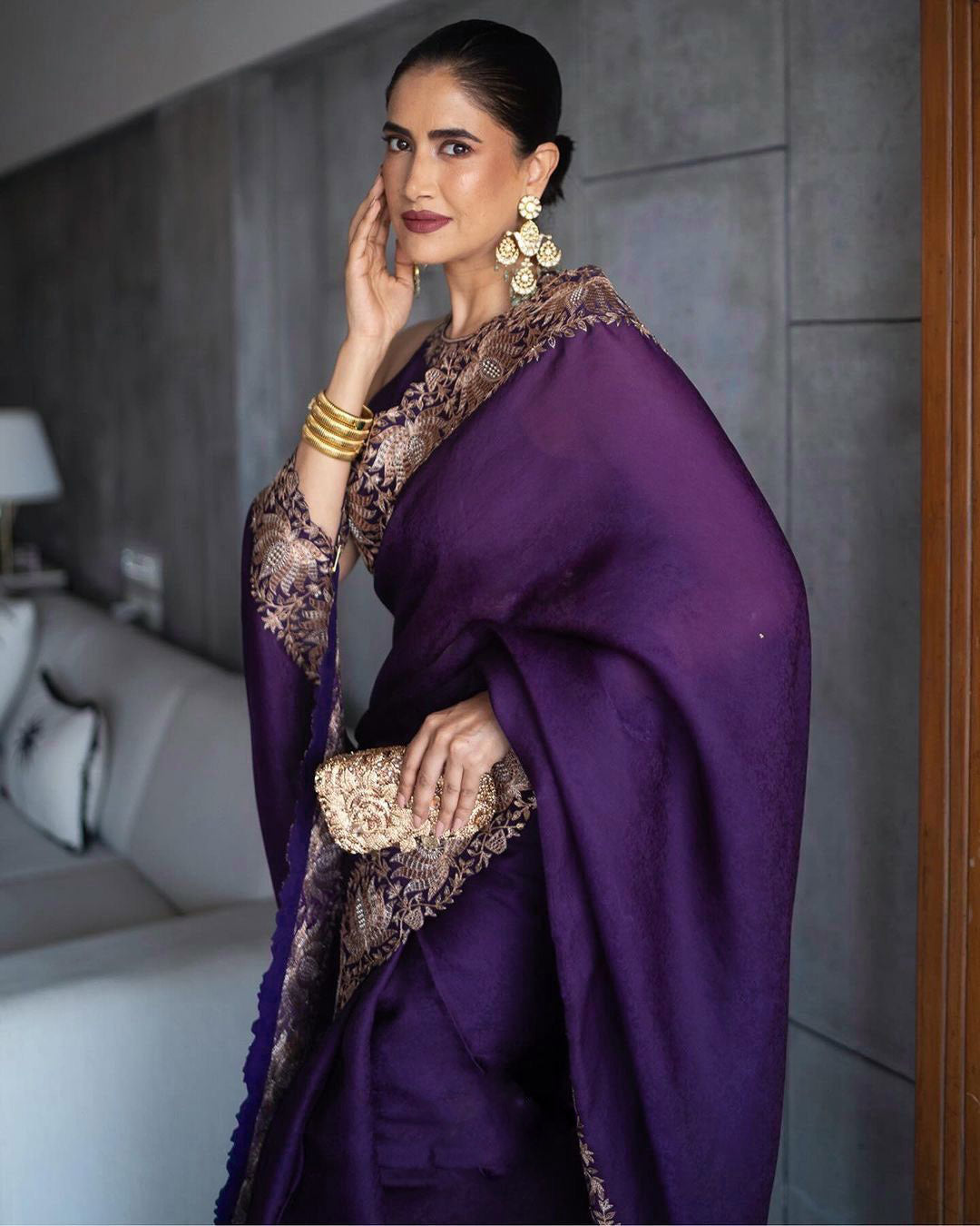 Stunning Embroidery Lace Border Work Purple Saree
