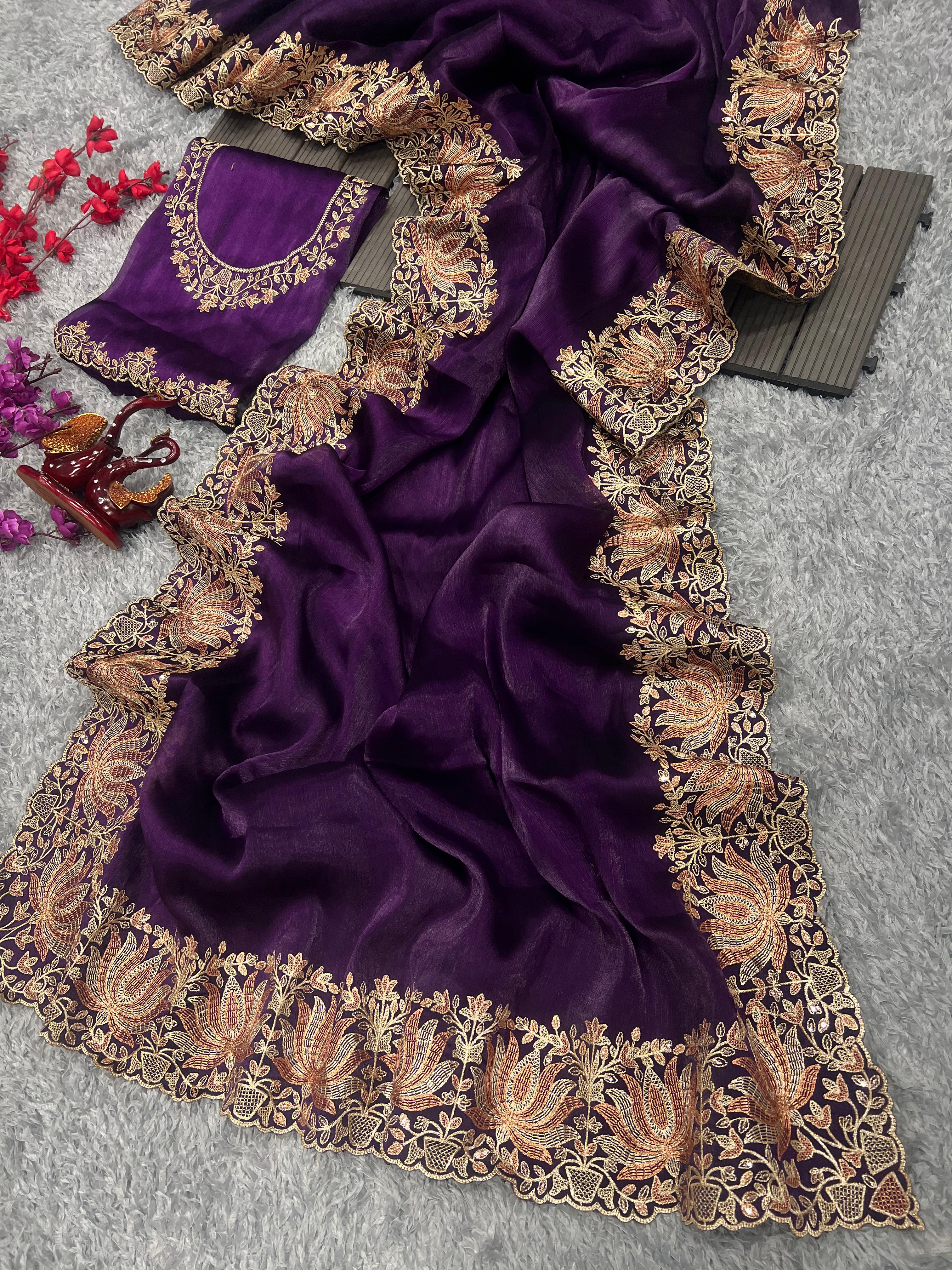 Stunning Embroidery Lace Border Work Purple Saree