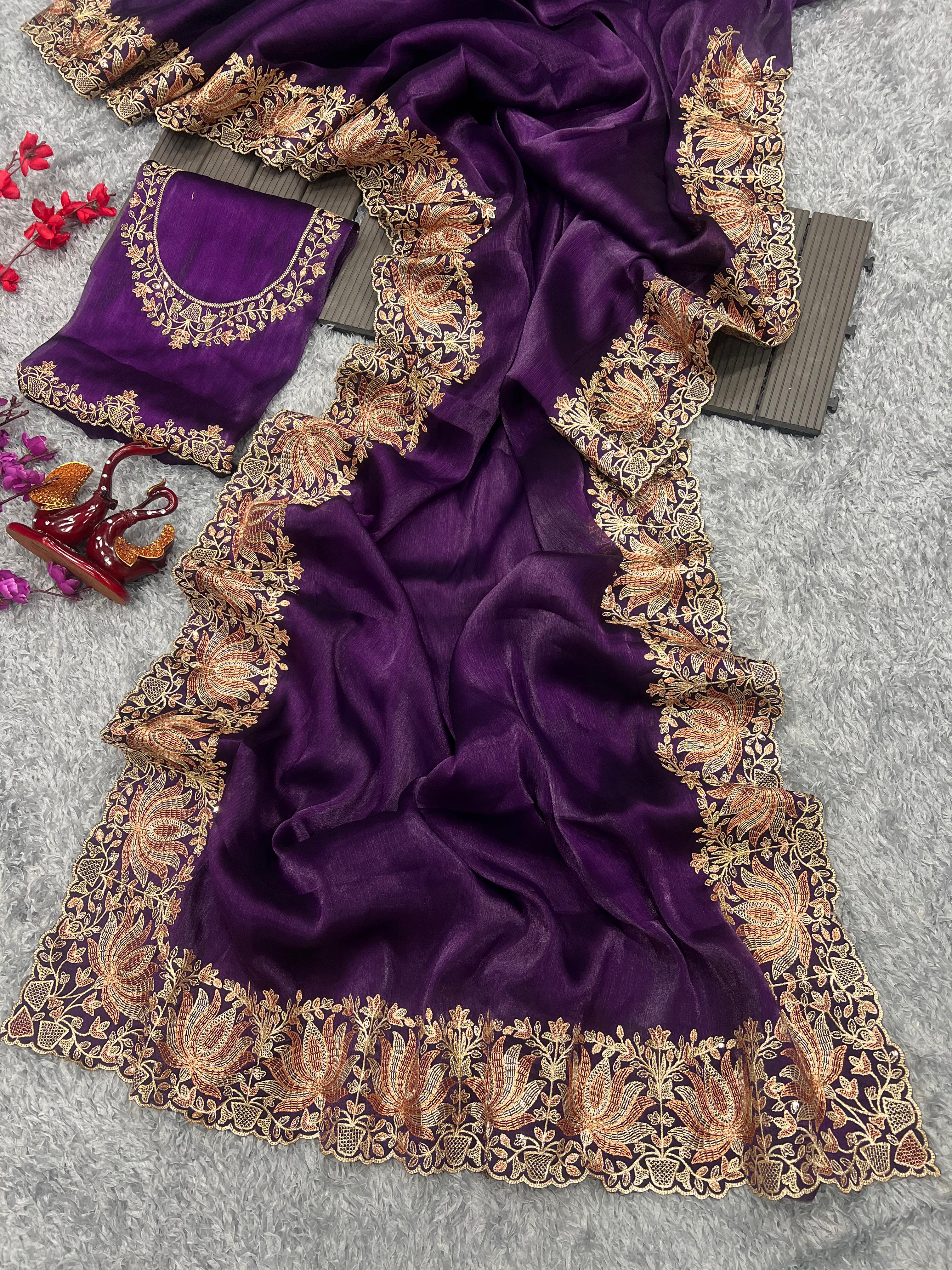 Stunning Embroidery Lace Border Work Purple Saree