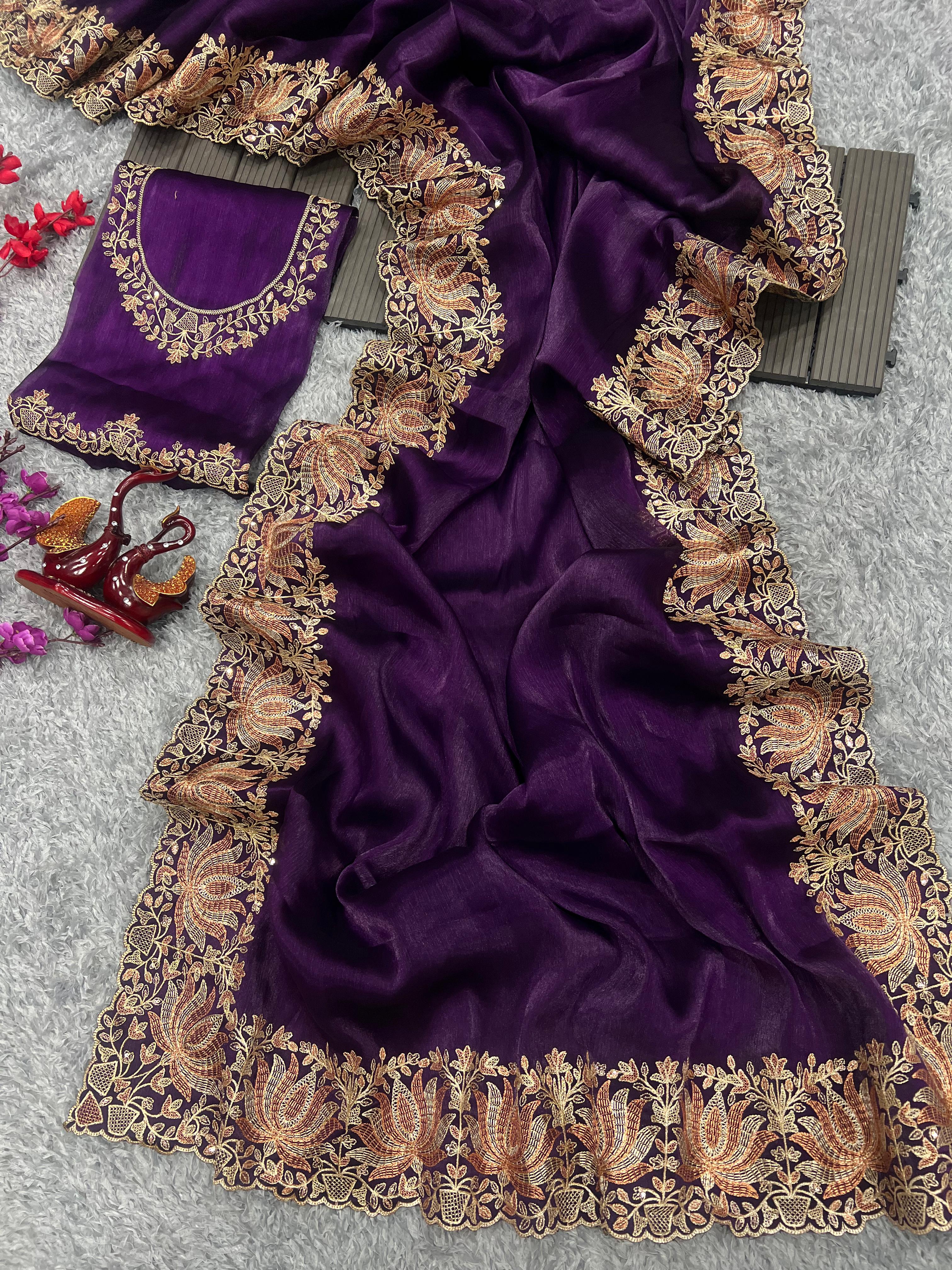 Stunning Embroidery Lace Border Work Purple Saree