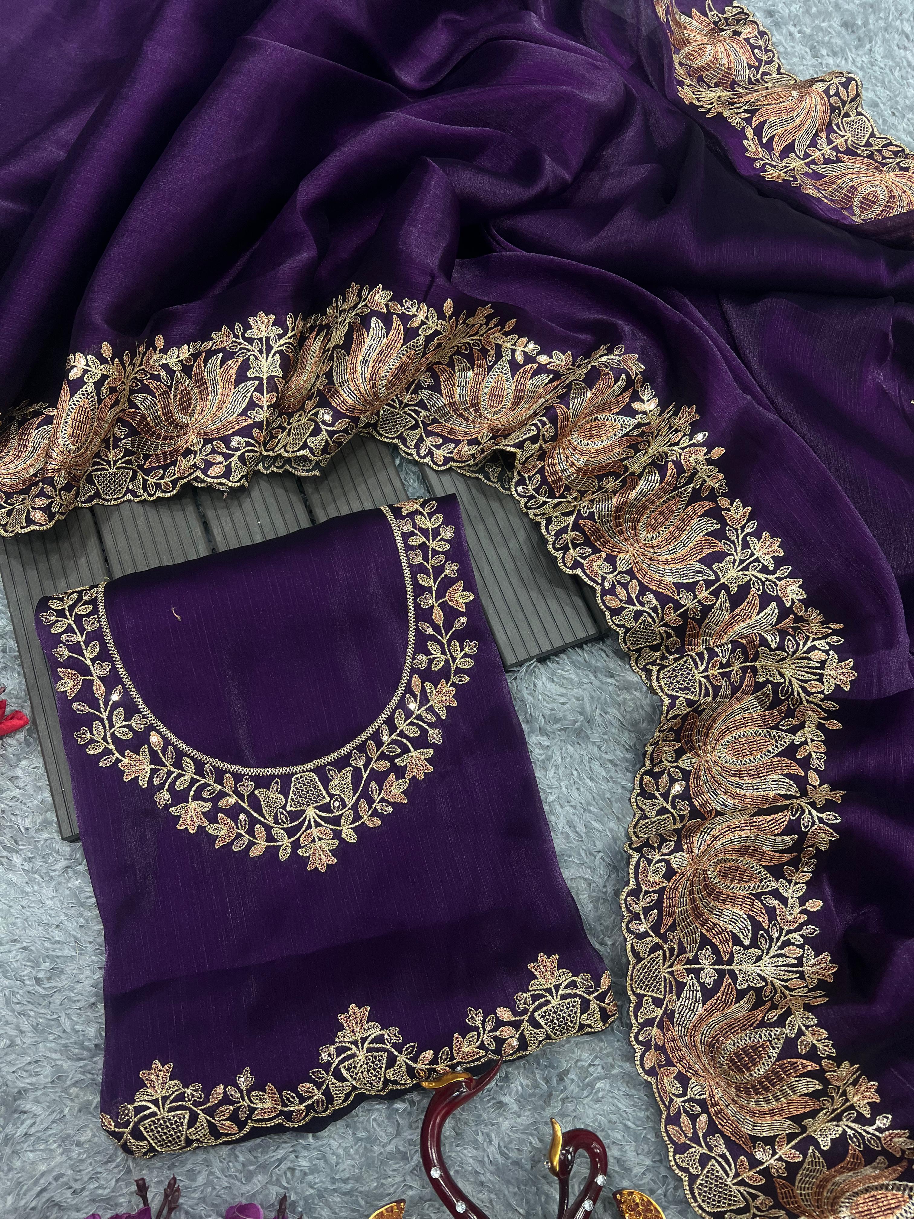 Stunning Embroidery Lace Border Work Purple Saree