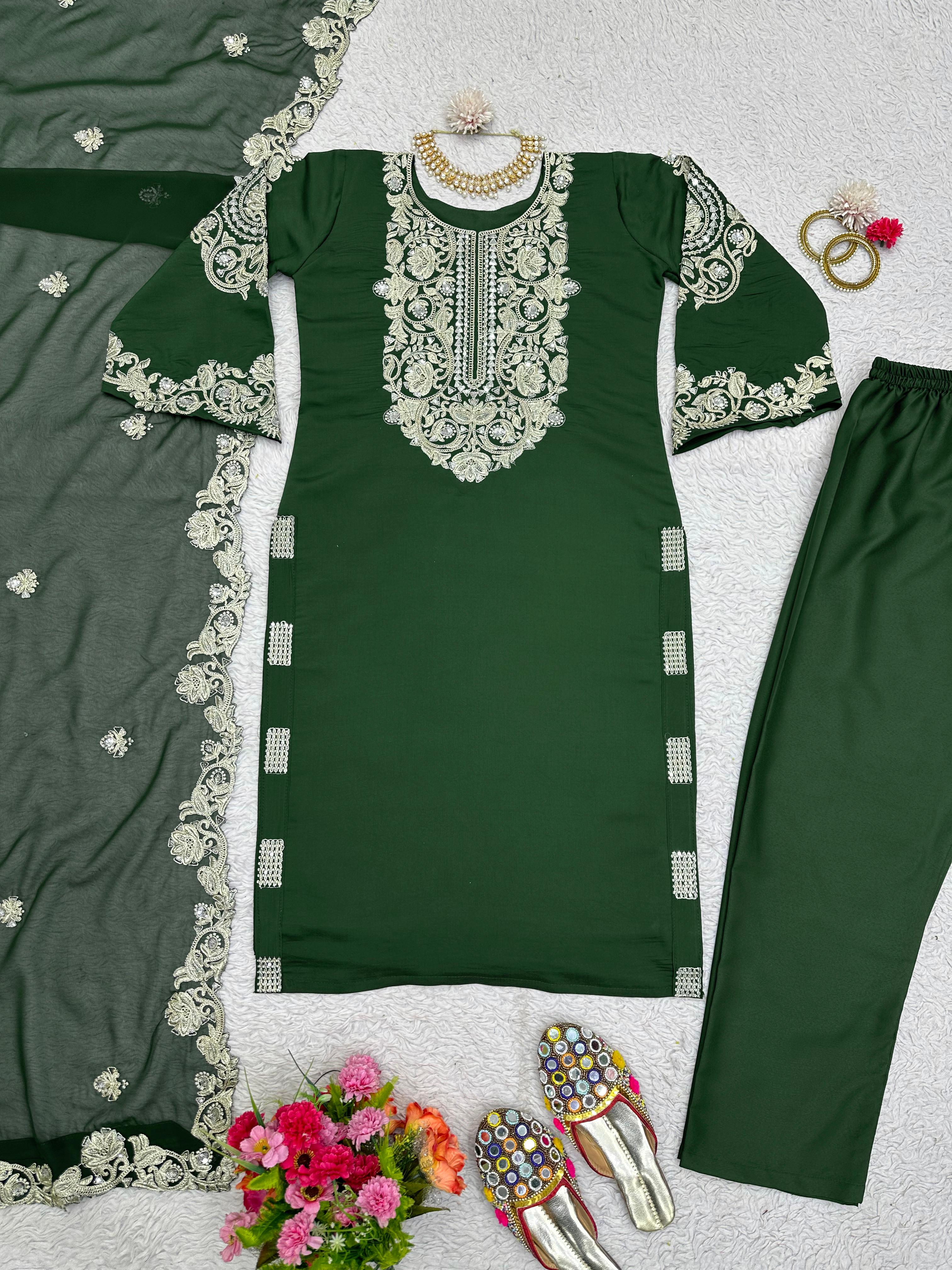 Casual Wear Thread Work Green Color Kurti Set