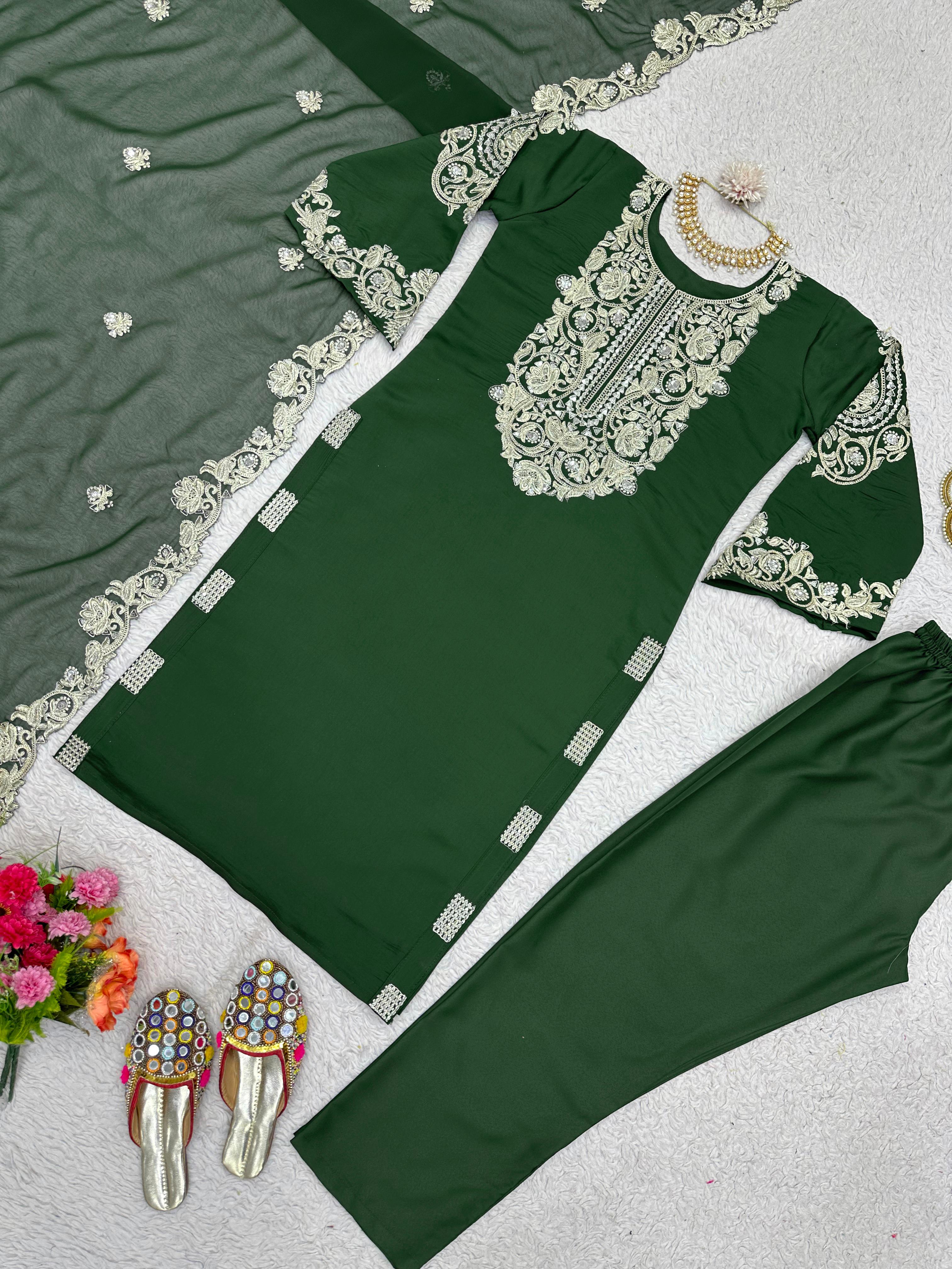 Casual Wear Thread Work Green Color Kurti Set