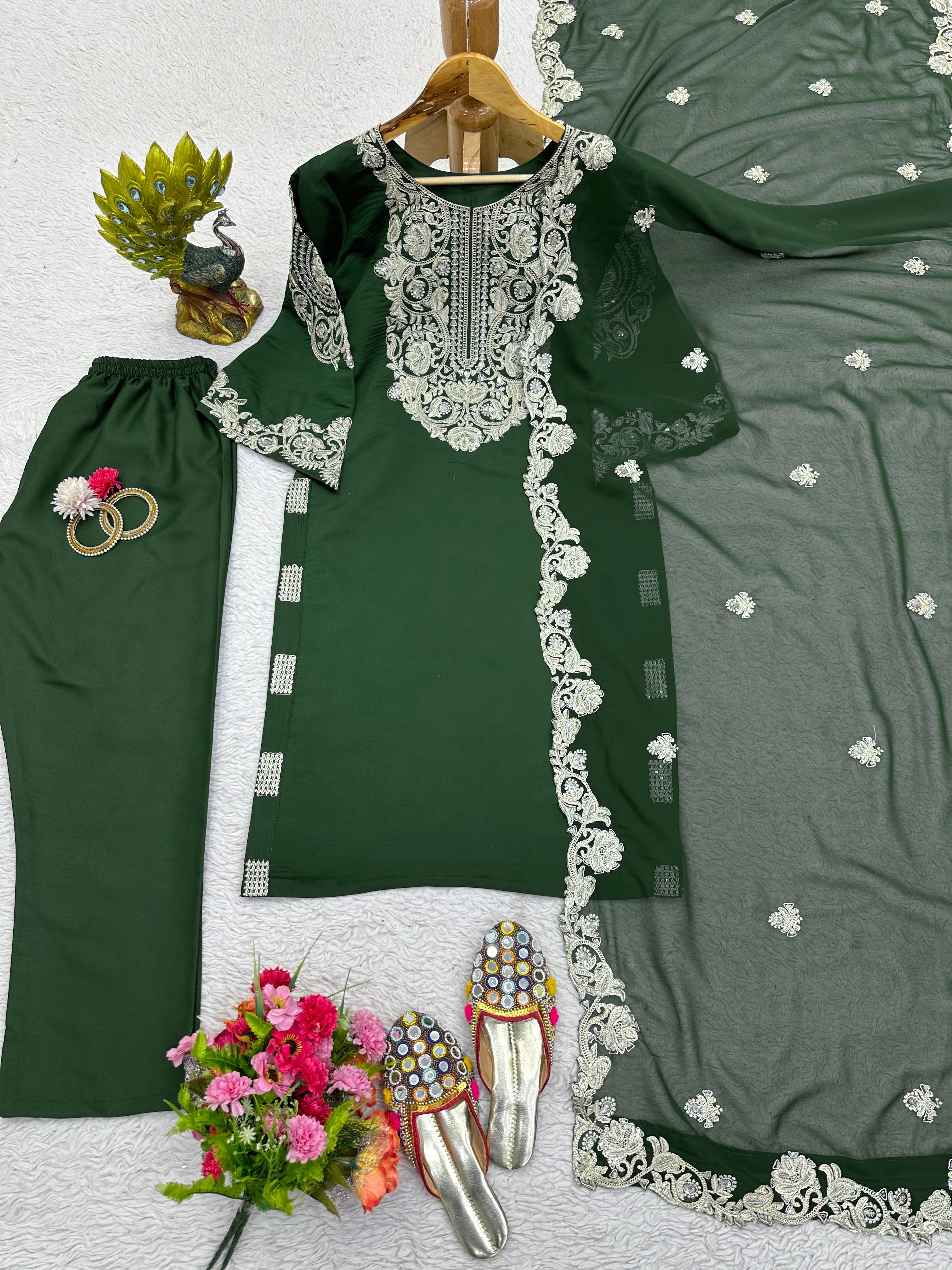 Casual Wear Thread Work Green Color Kurti Set