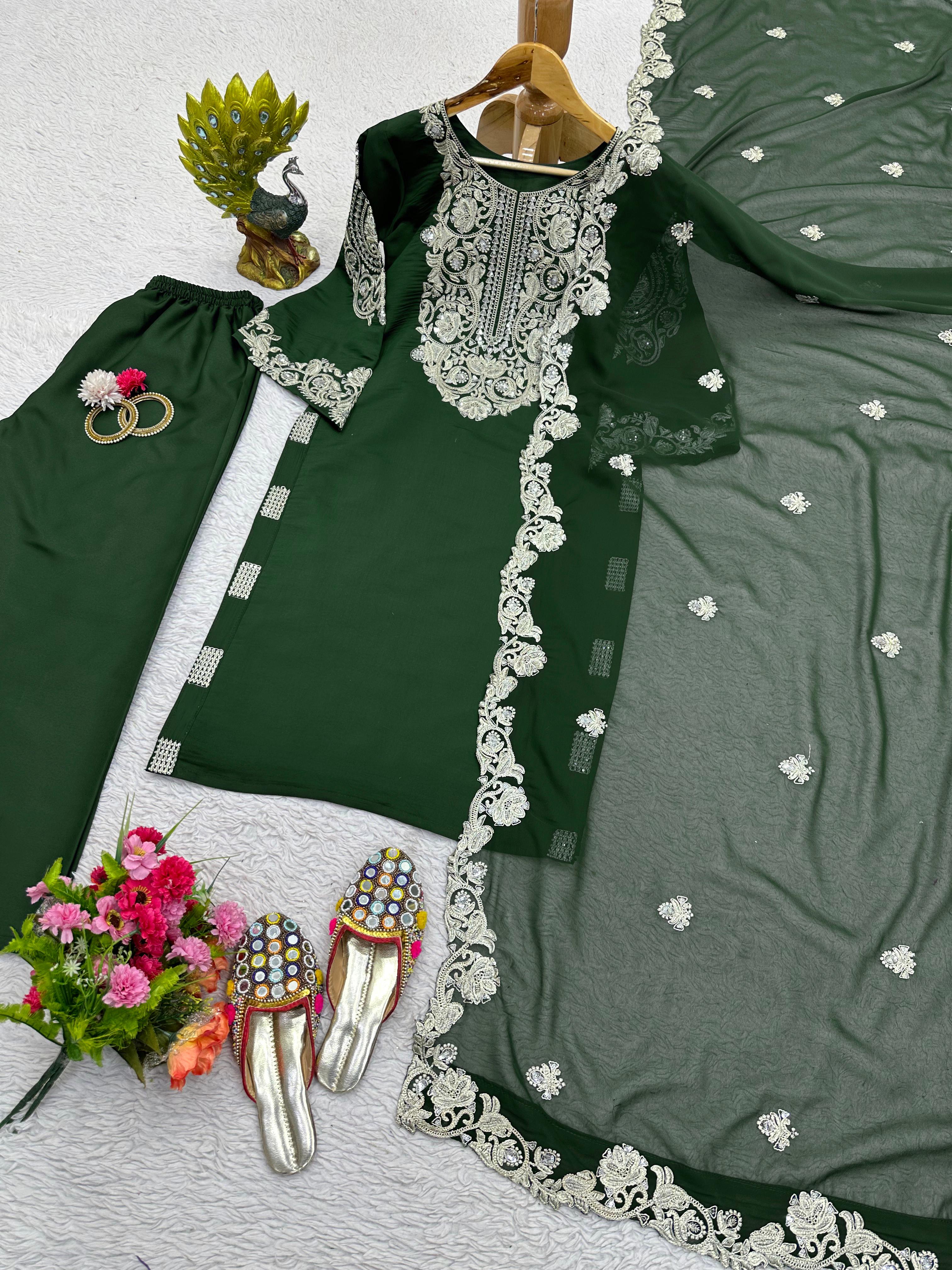 Casual Wear Thread Work Green Color Kurti Set