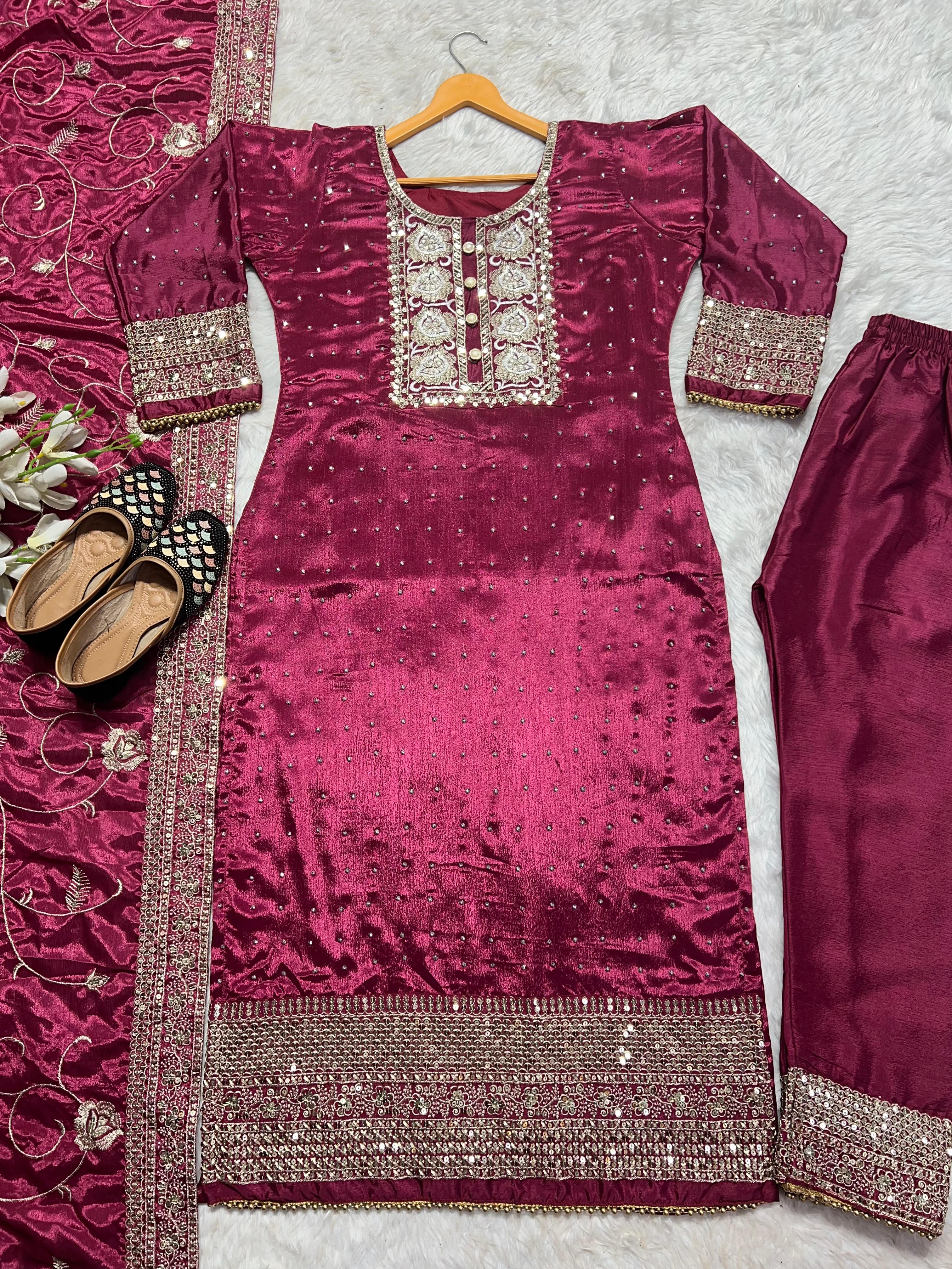 Wine Color Sequence Work Kurti Pant With Dupatta