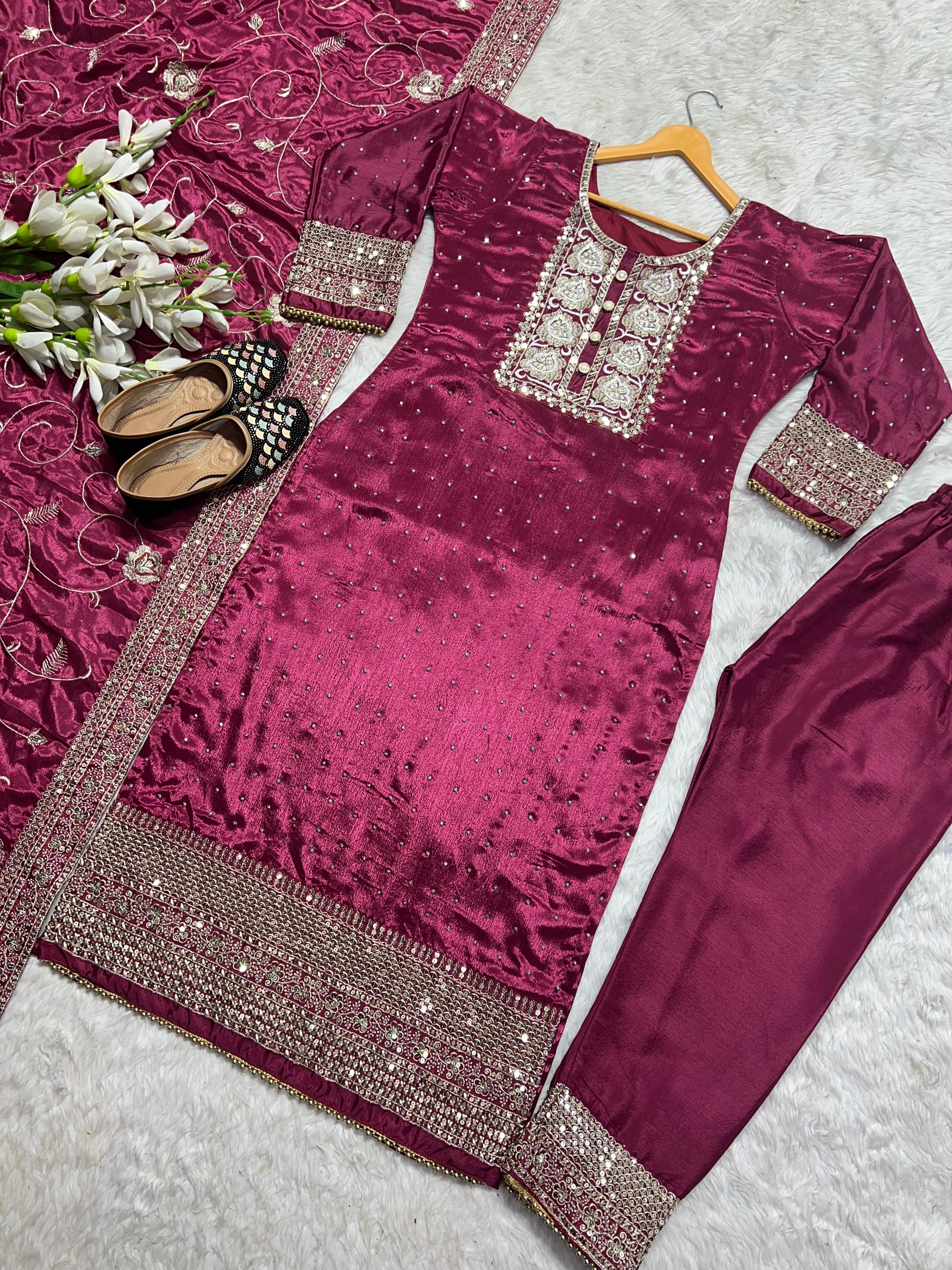 Wine Color Sequence Work Kurti Pant With Dupatta