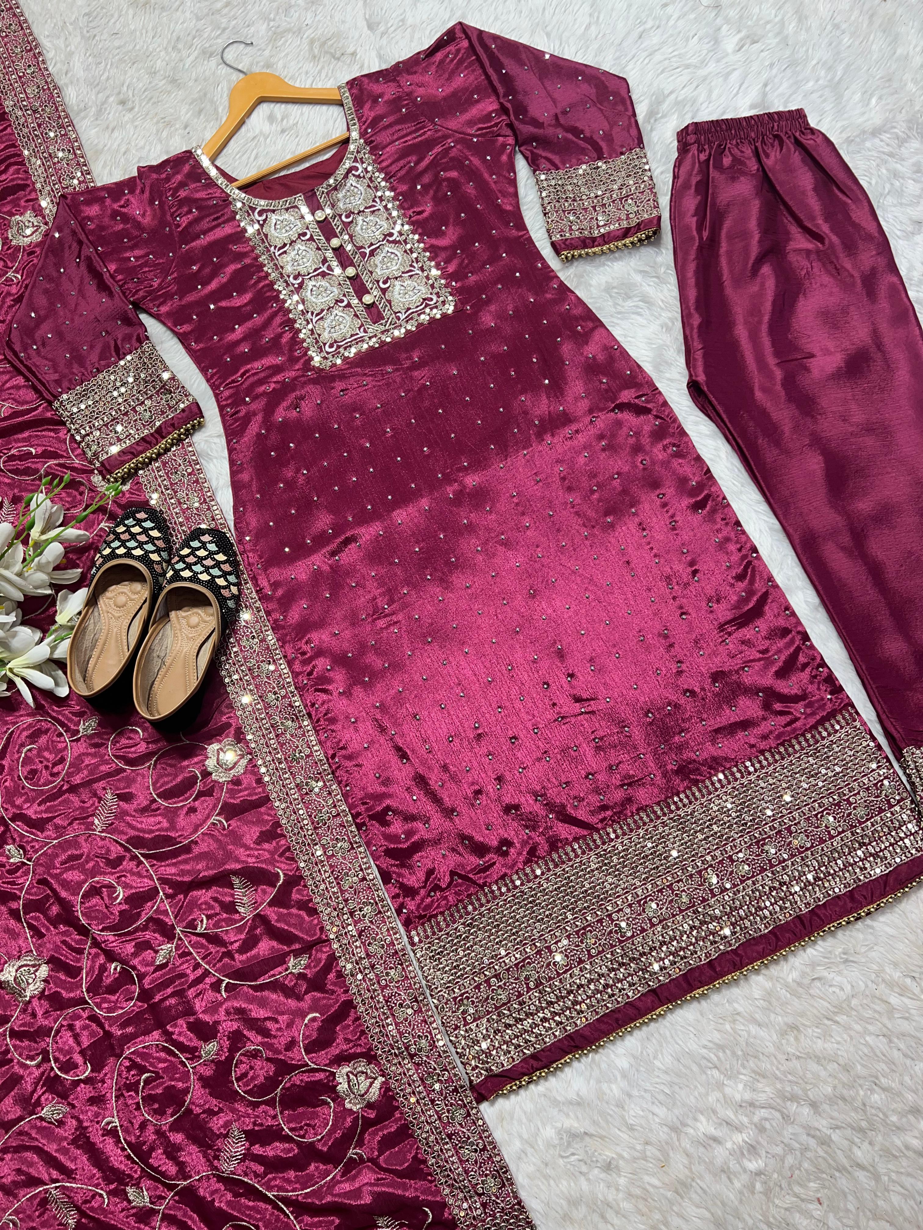 Wine Color Sequence Work Kurti Pant With Dupatta