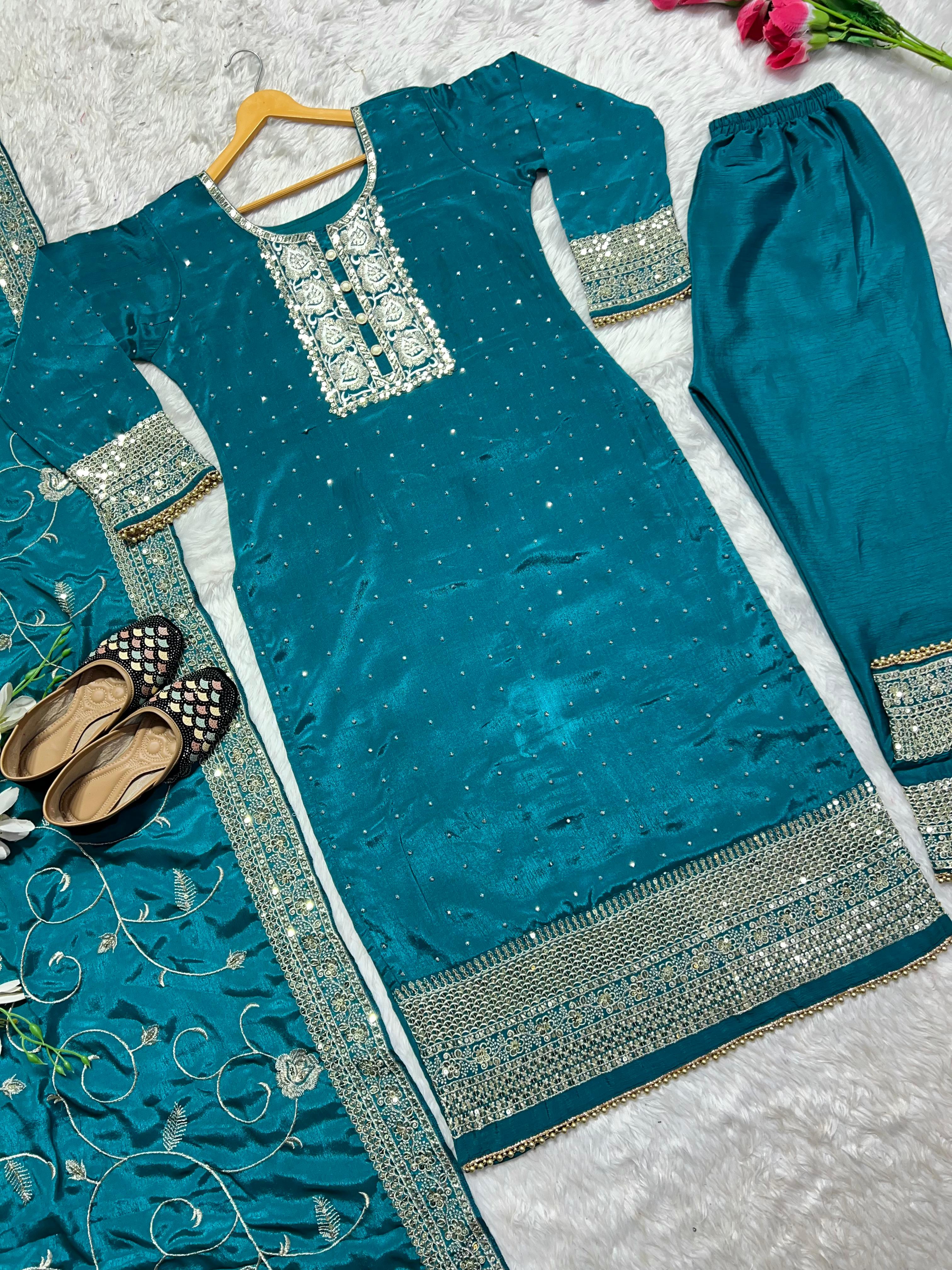 Teal Blue Color Sequence Work Kurti Pant With Dupatta