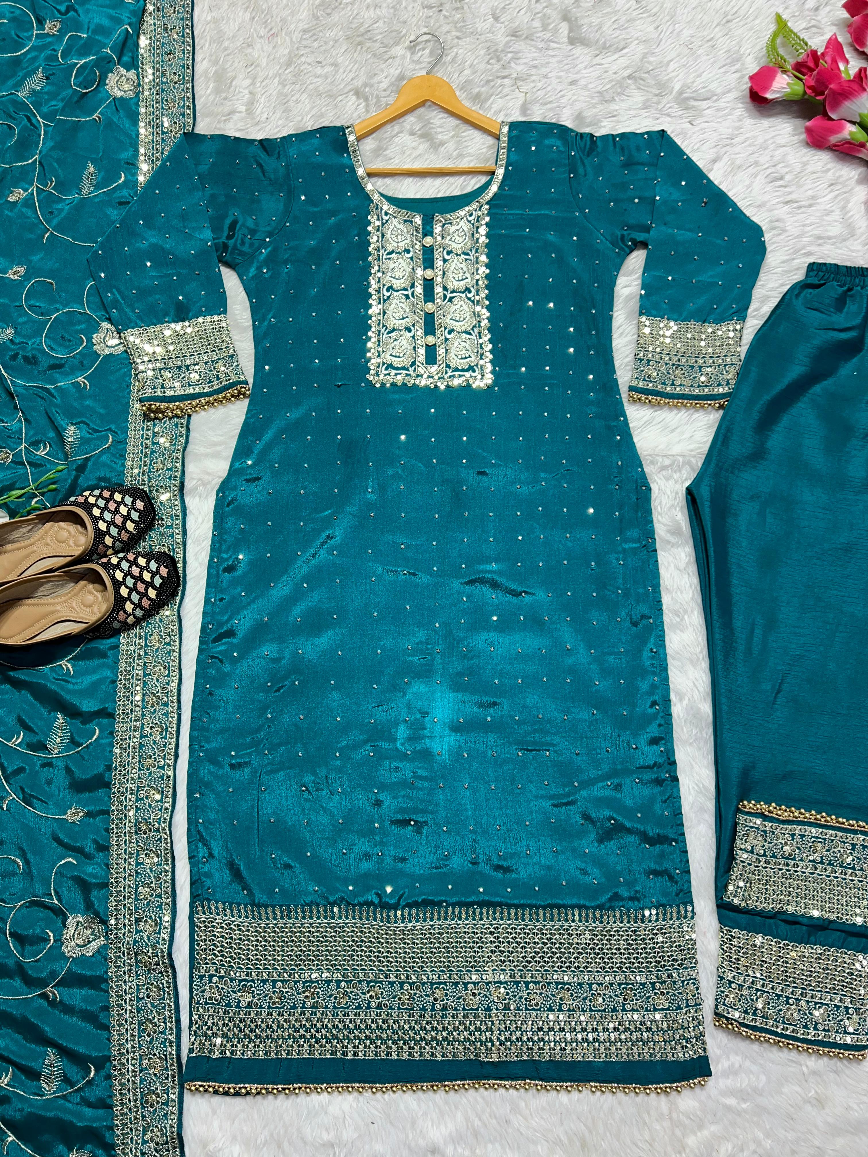 Teal Blue Color Sequence Work Kurti Pant With Dupatta