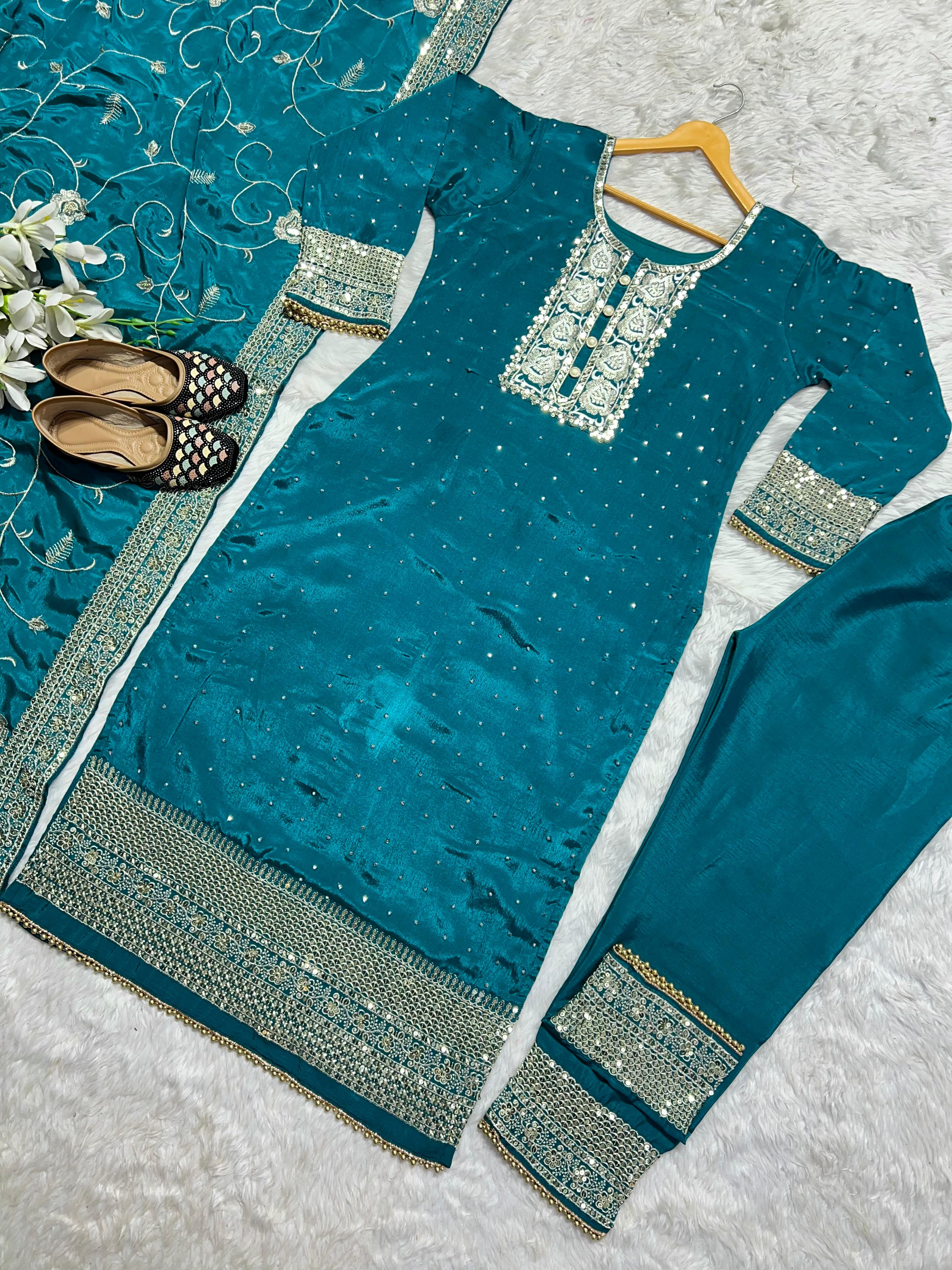 Teal Blue Color Sequence Work Kurti Pant With Dupatta