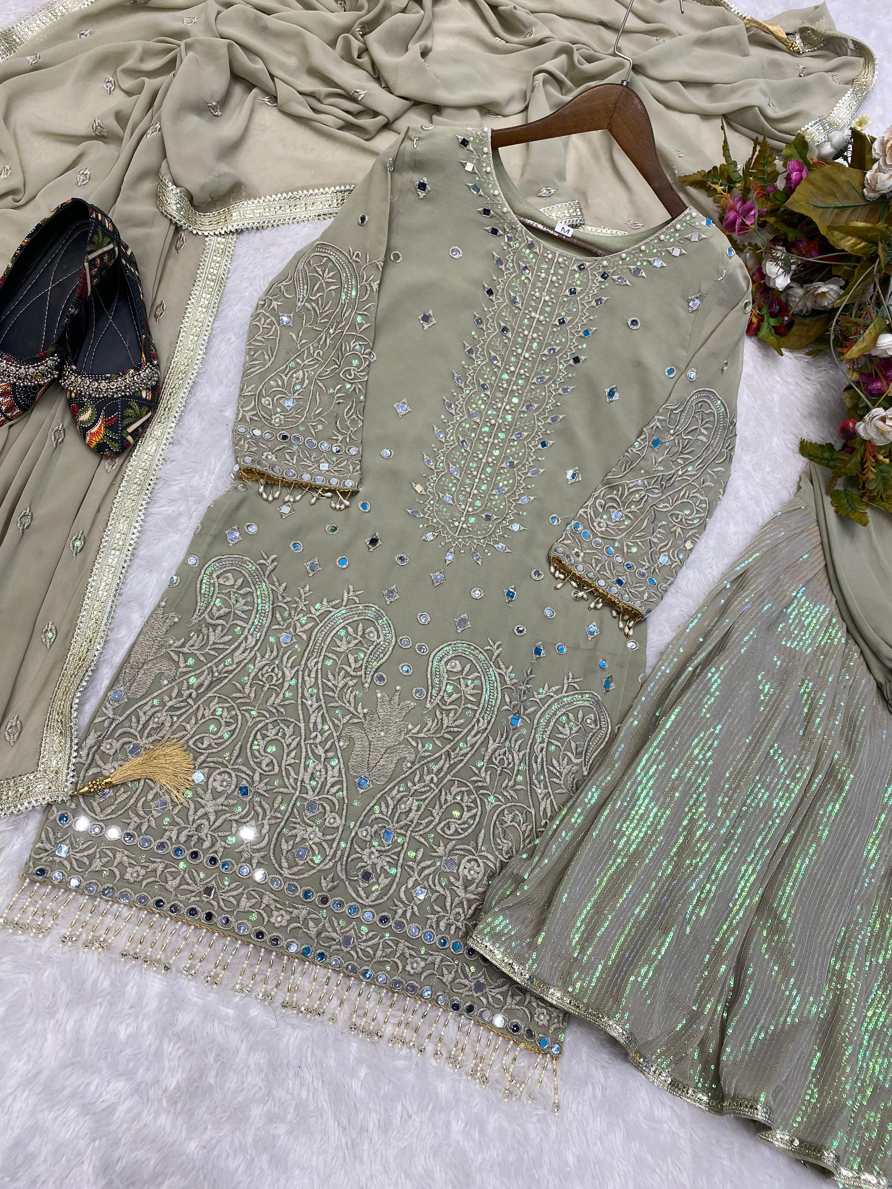 Party Wear Grey Color Sequence Work Sharara Suit