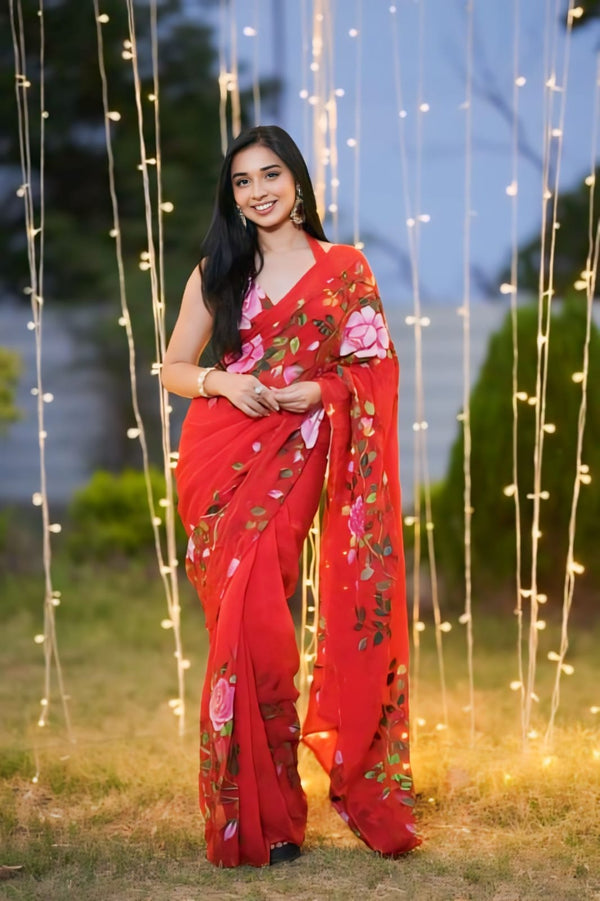 Ready To Wear Red Colour Floral Print Georgette Saree