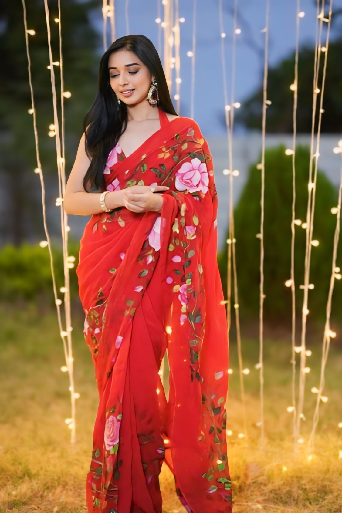 Ready To Wear Red Colour Floral Print Georgette Saree