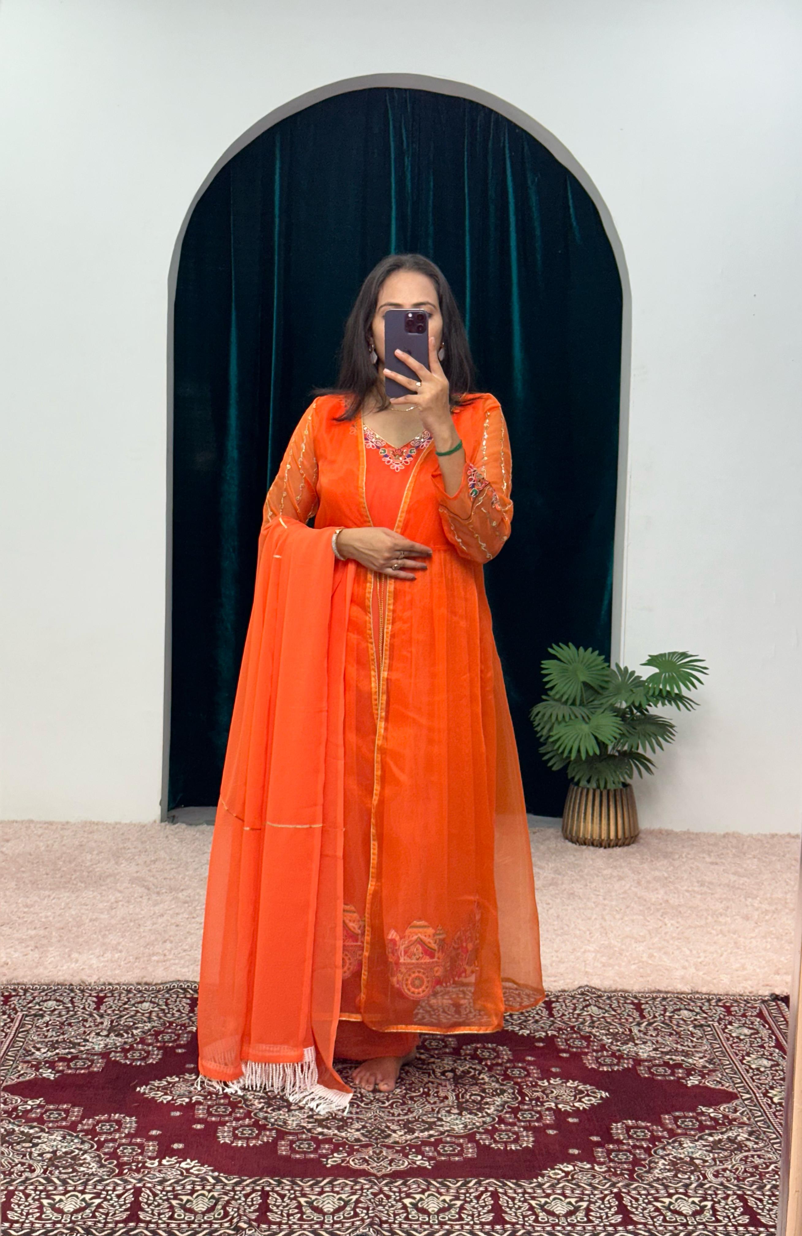 Beautiful Work Orange Kurti Set With Organza Shrug