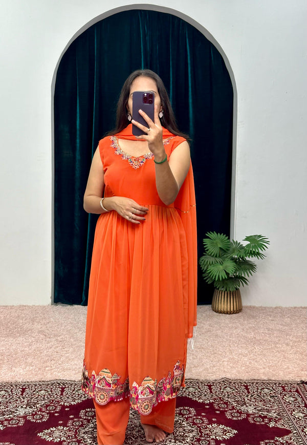 Beautiful Work Orange Kurti Set With Organza Shrug