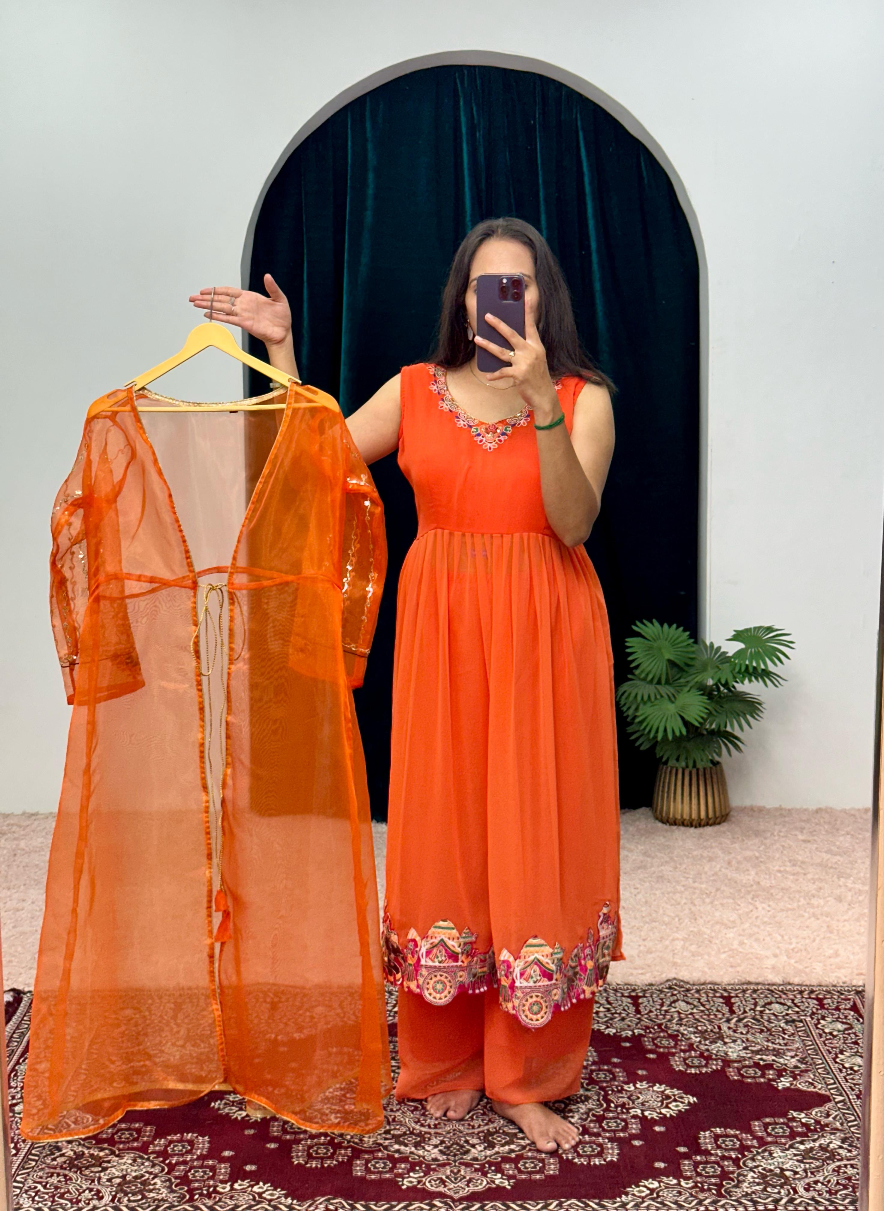 Beautiful Work Orange Kurti Set With Organza Shrug