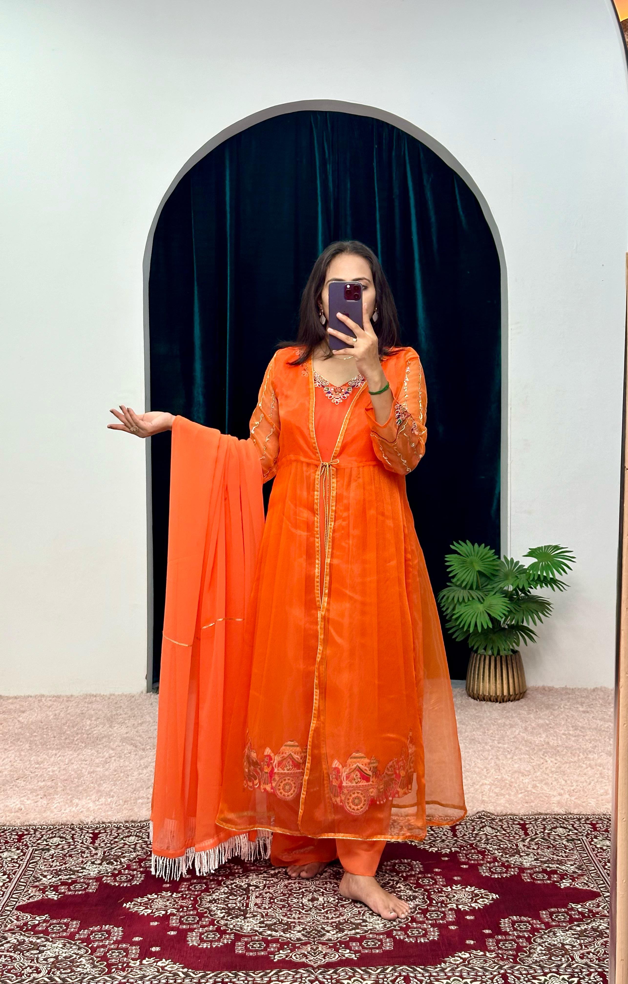 Beautiful Work Orange Kurti Set With Organza Shrug