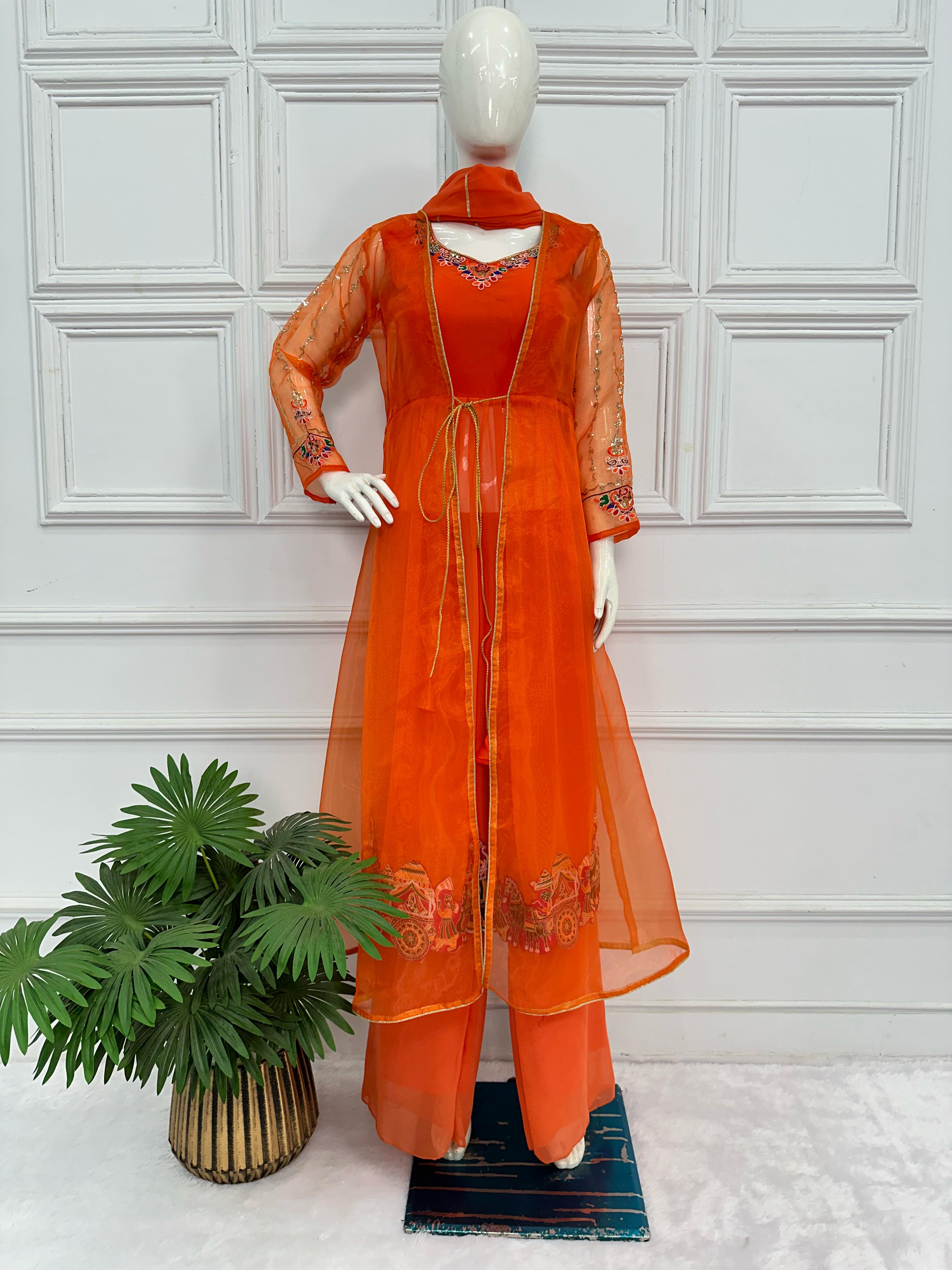 Beautiful Work Orange Kurti Set With Organza Shrug