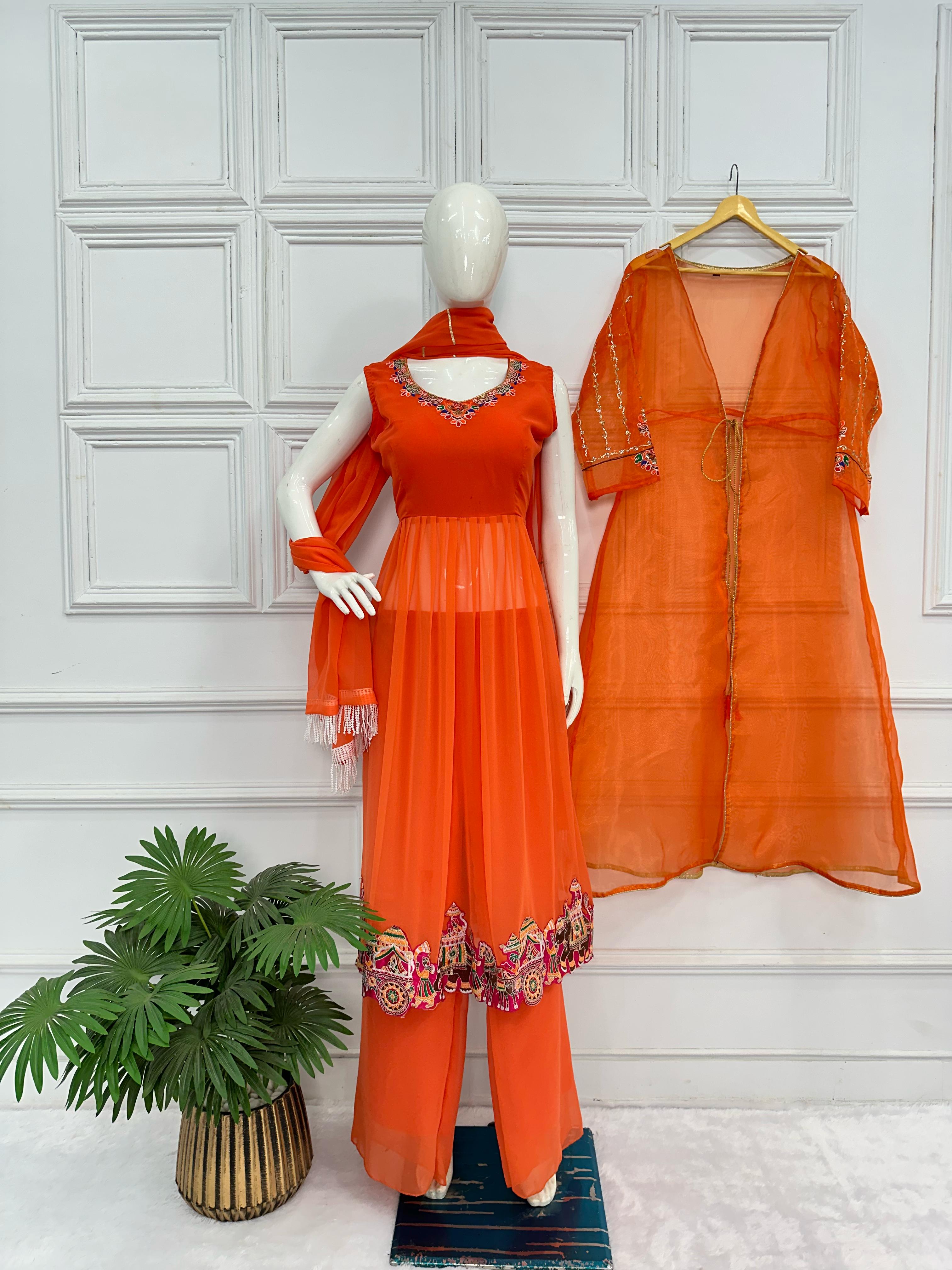 Beautiful Work Orange Kurti Set With Organza Shrug