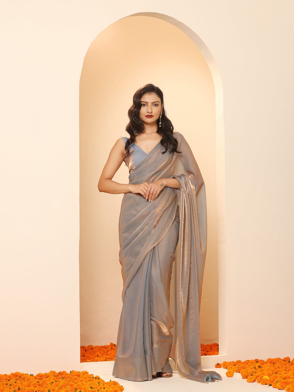 Grey Color With Golden Shade Saree