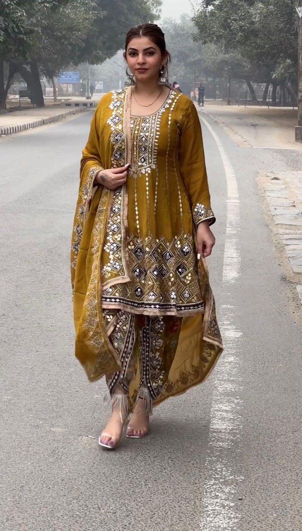 Punjabi Style Mustard Color Thread Work Dhoti Suit