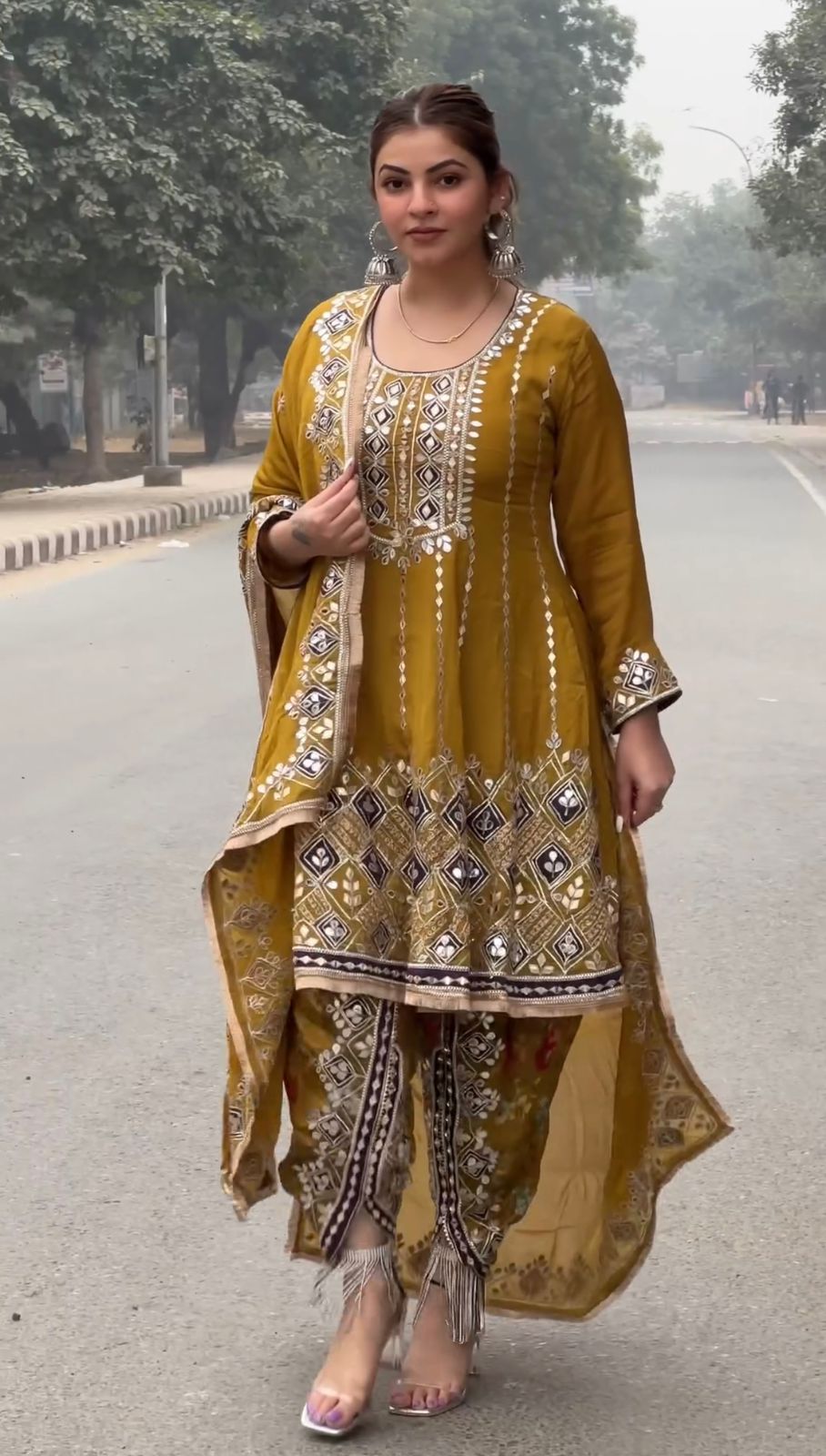 Punjabi Style Mustard Color Thread Work Dhoti Suit