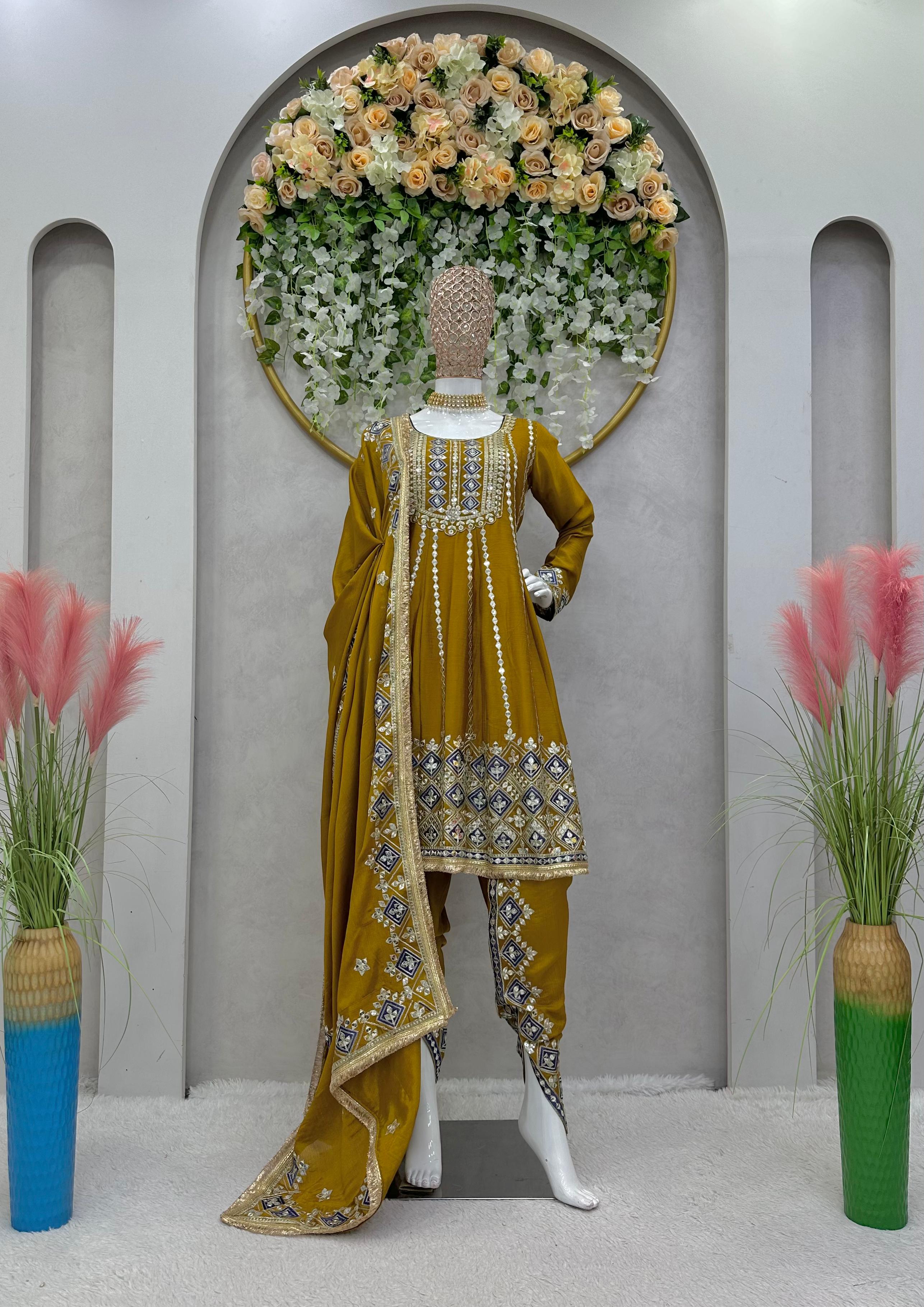 Punjabi Style Mustard Color Thread Work Dhoti Suit