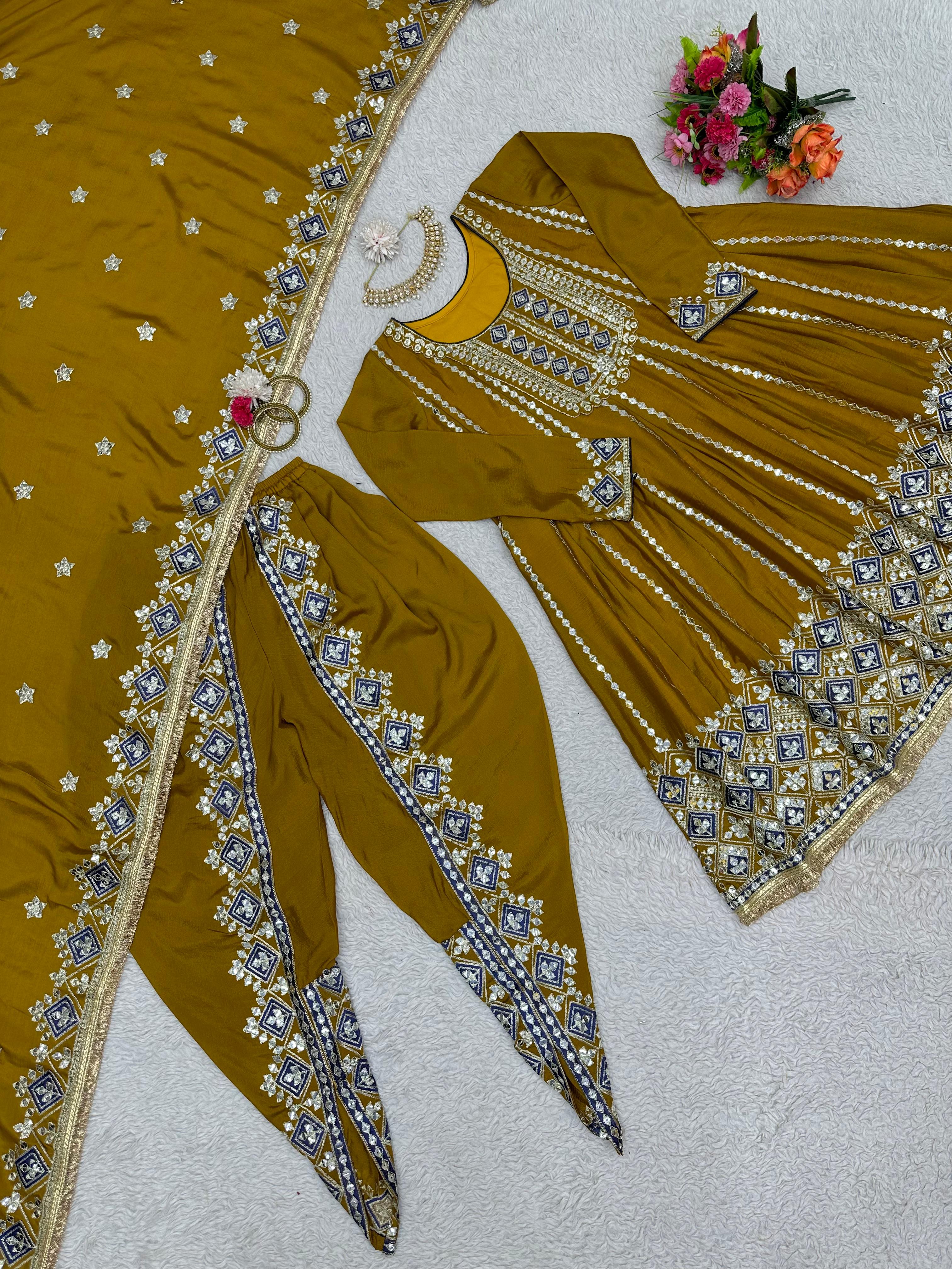 Punjabi Style Mustard Color Thread Work Dhoti Suit