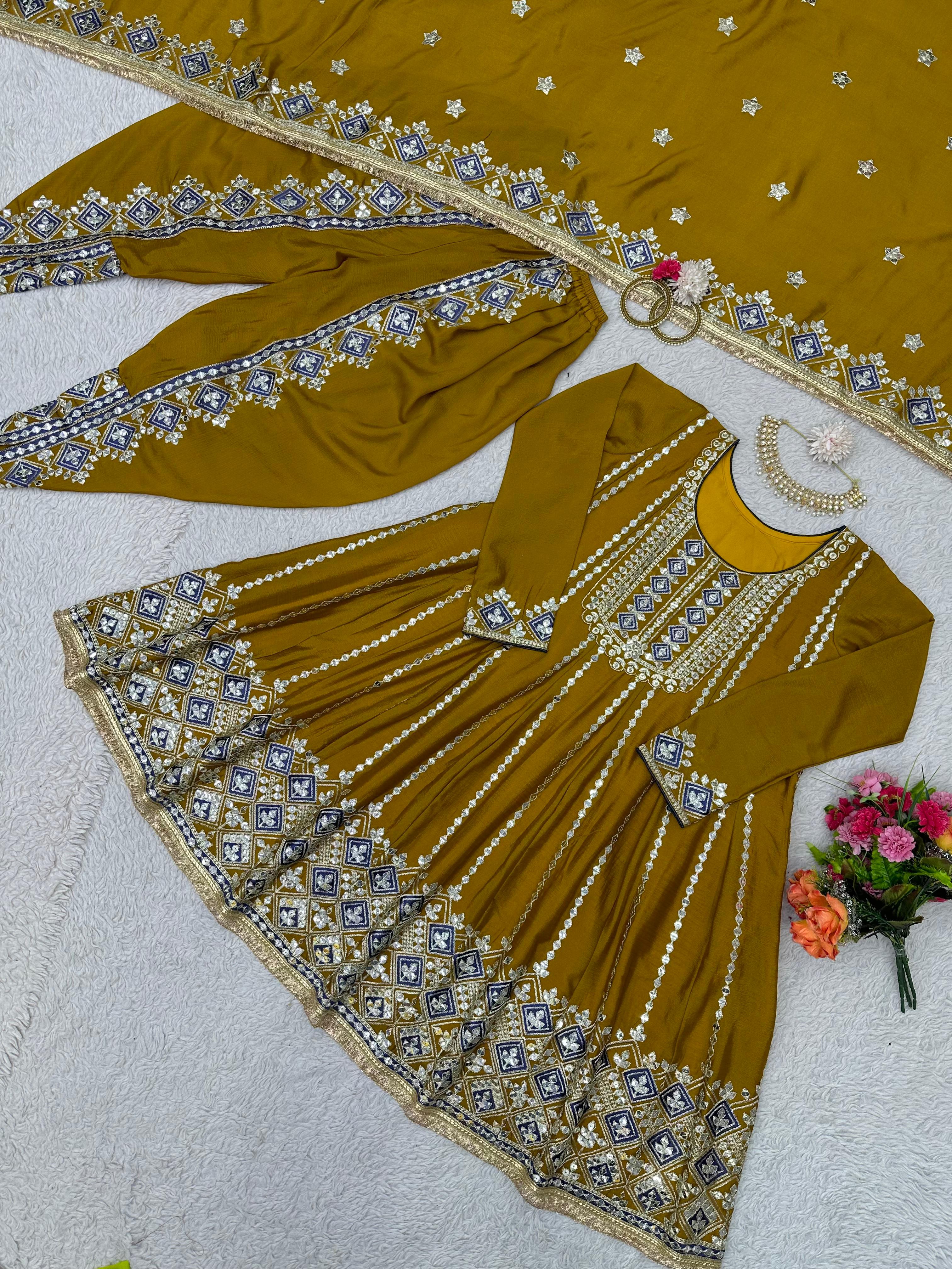 Punjabi Style Mustard Color Thread Work Dhoti Suit