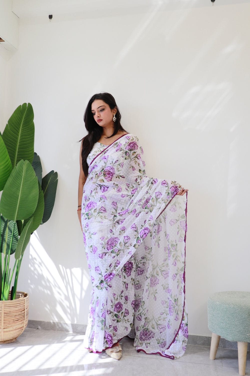 Beautiful Purple Lace Border White Ready To Wear Saree